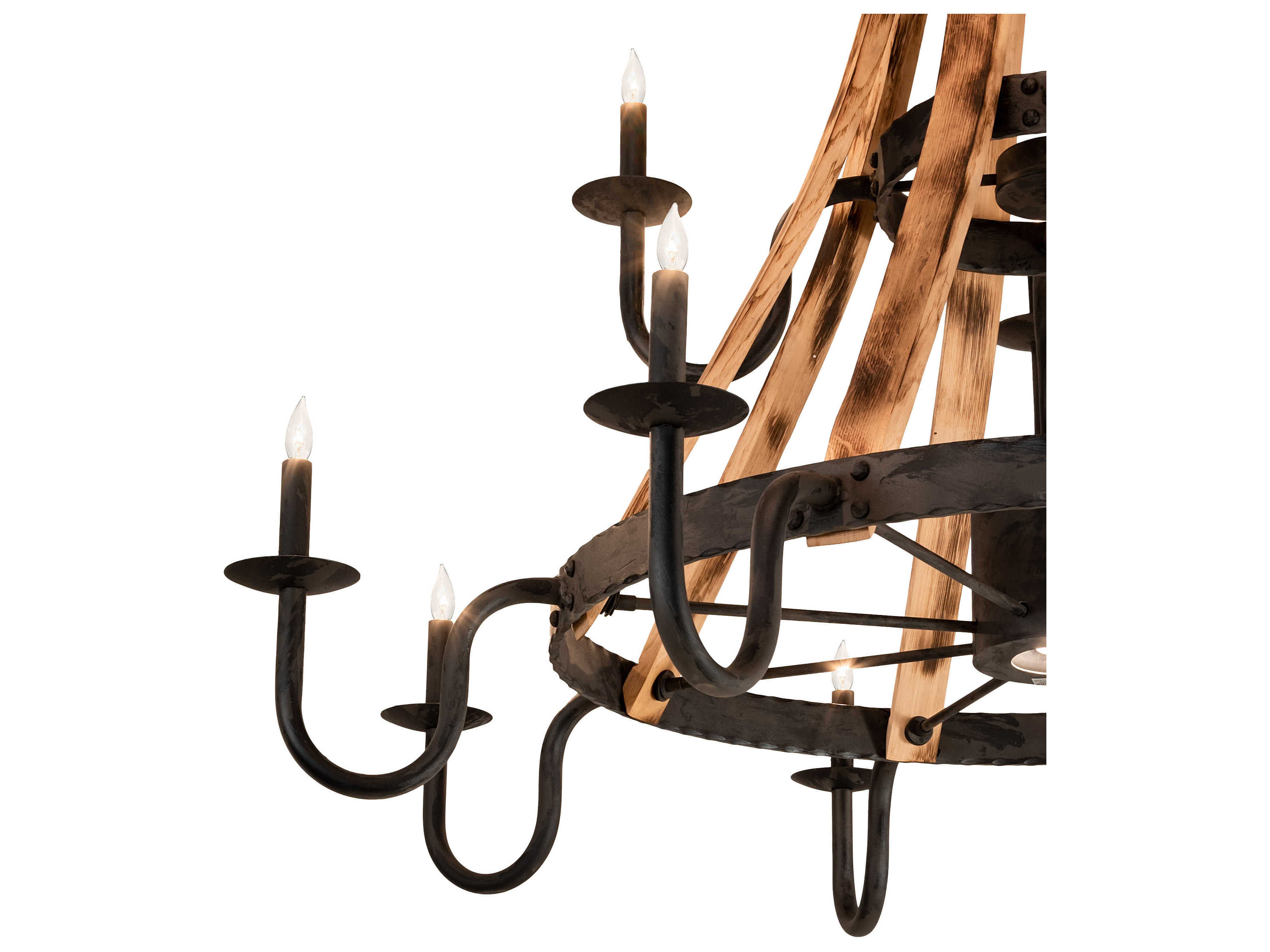 Meyda Barrel Stave 12 1-Light Natural Wood Black Candelabra Tiered Chandelier