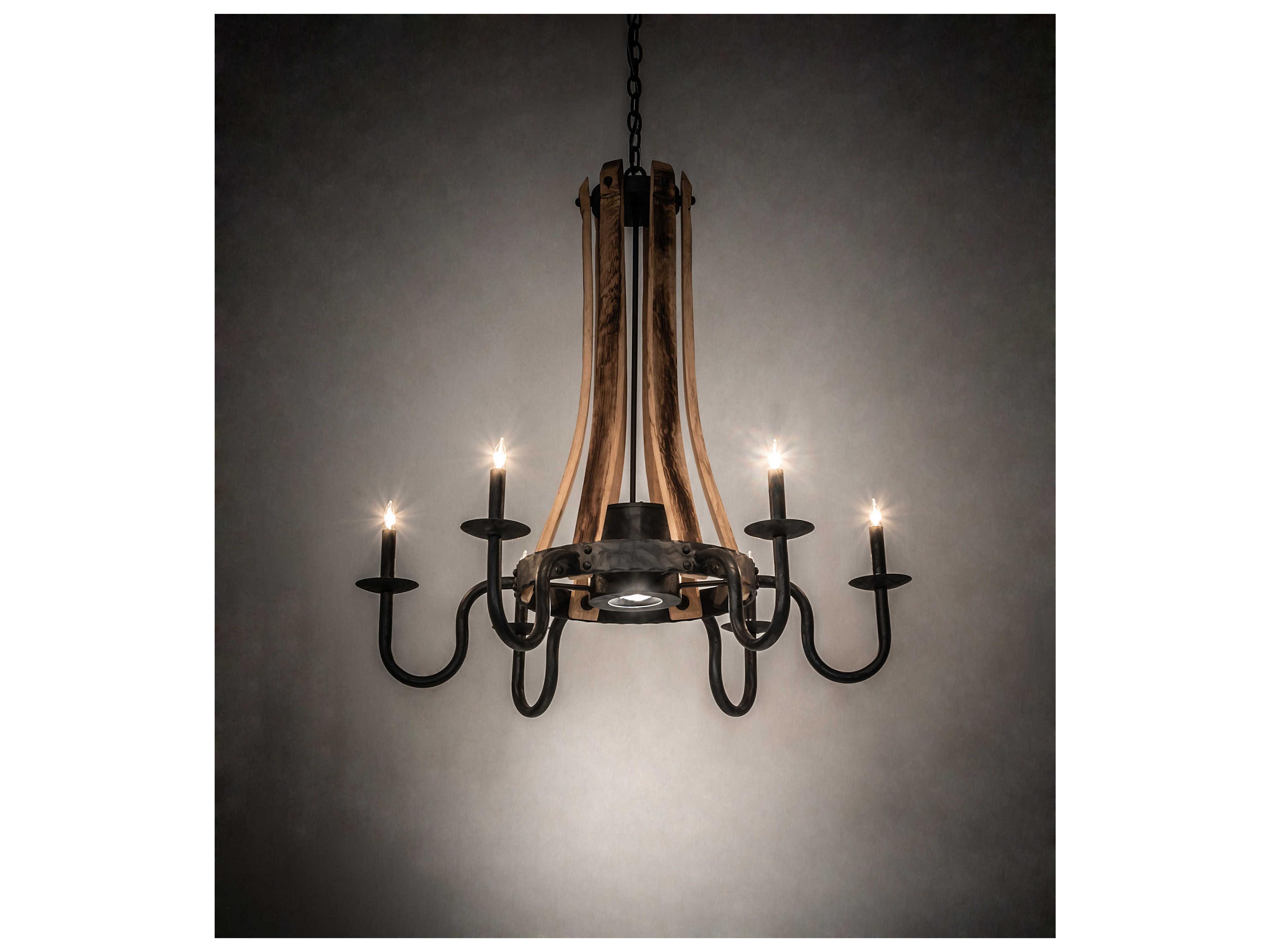Meyda Barrel Stave 7-Light Natural Wood Black Candelabra Chandelier