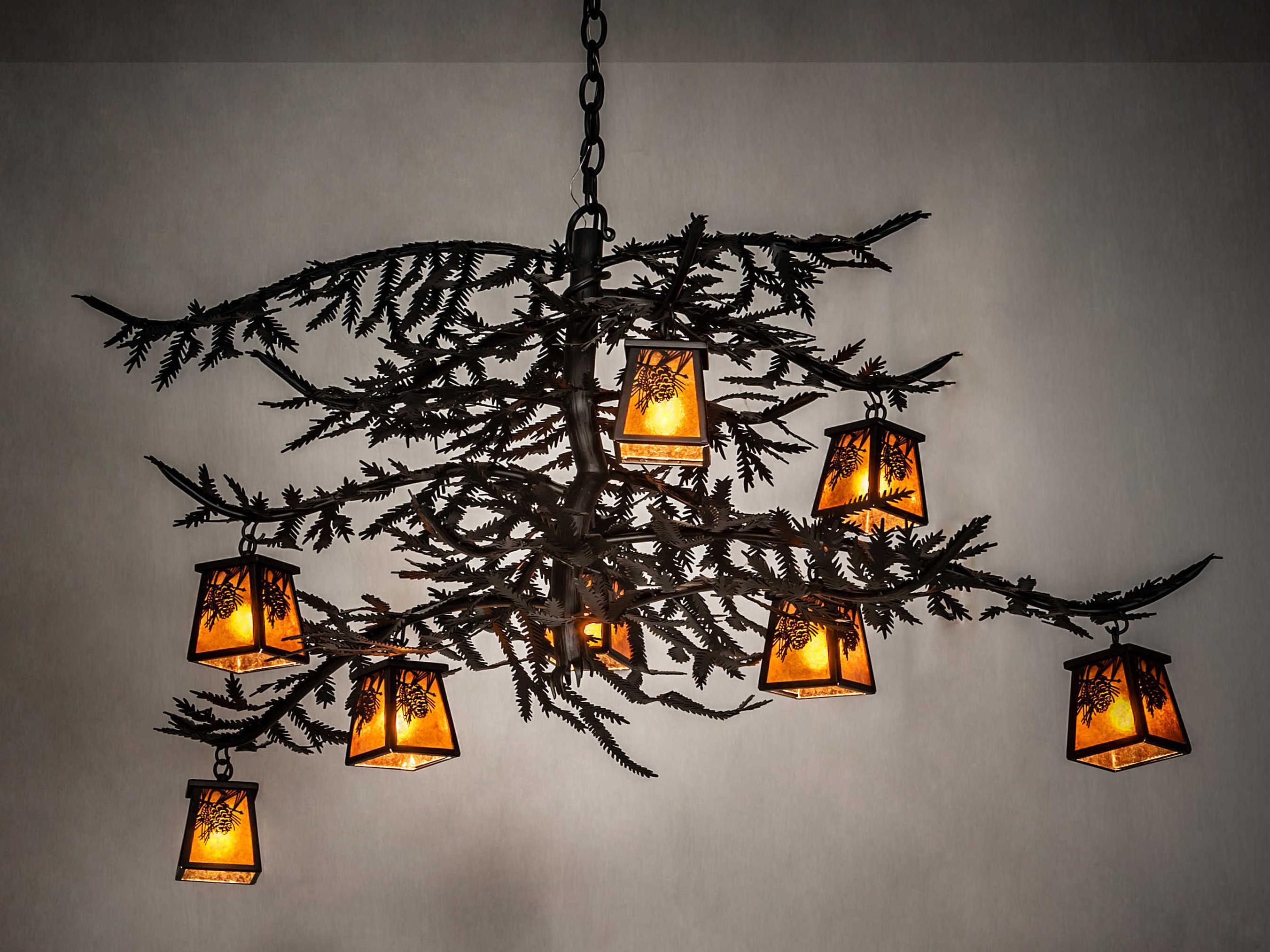 Meyda Pine Branch 8-Light Black Amber Mica Brown Lantern Chandelier