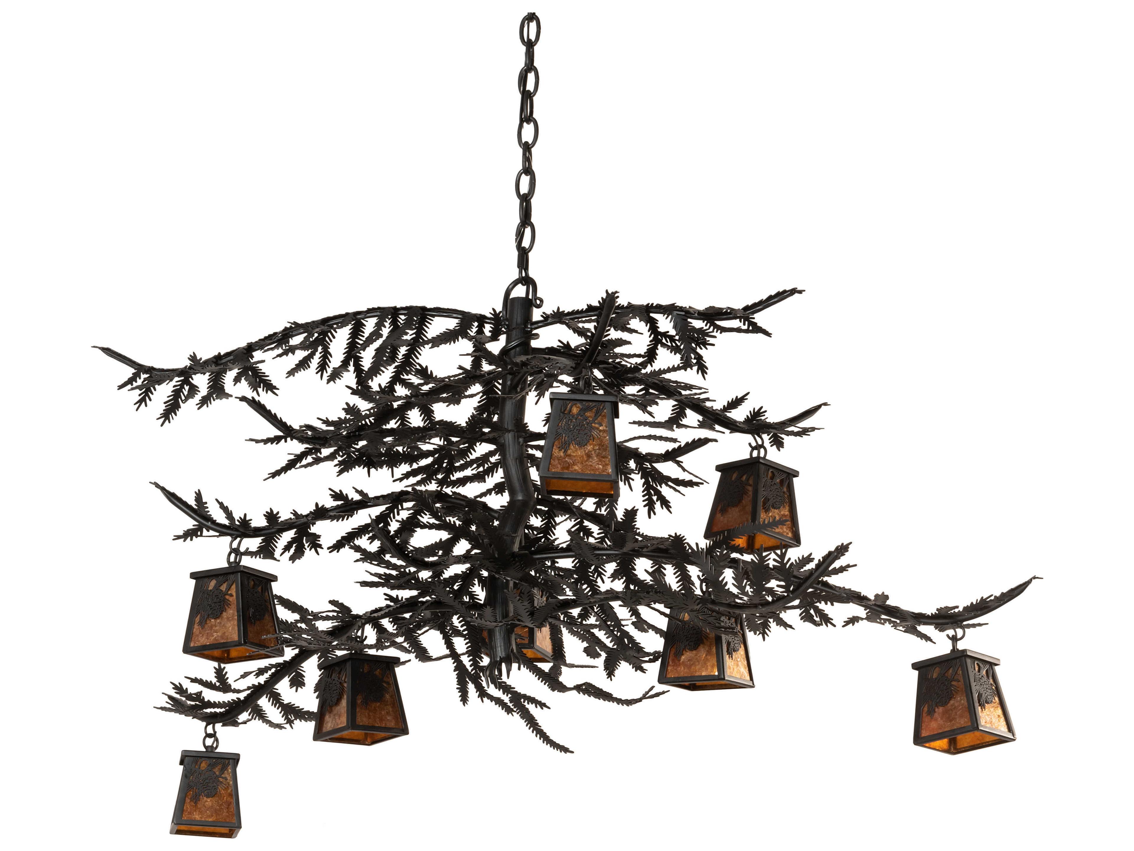 Meyda Pine Branch 8-Light Black Amber Mica Brown Lantern Chandelier