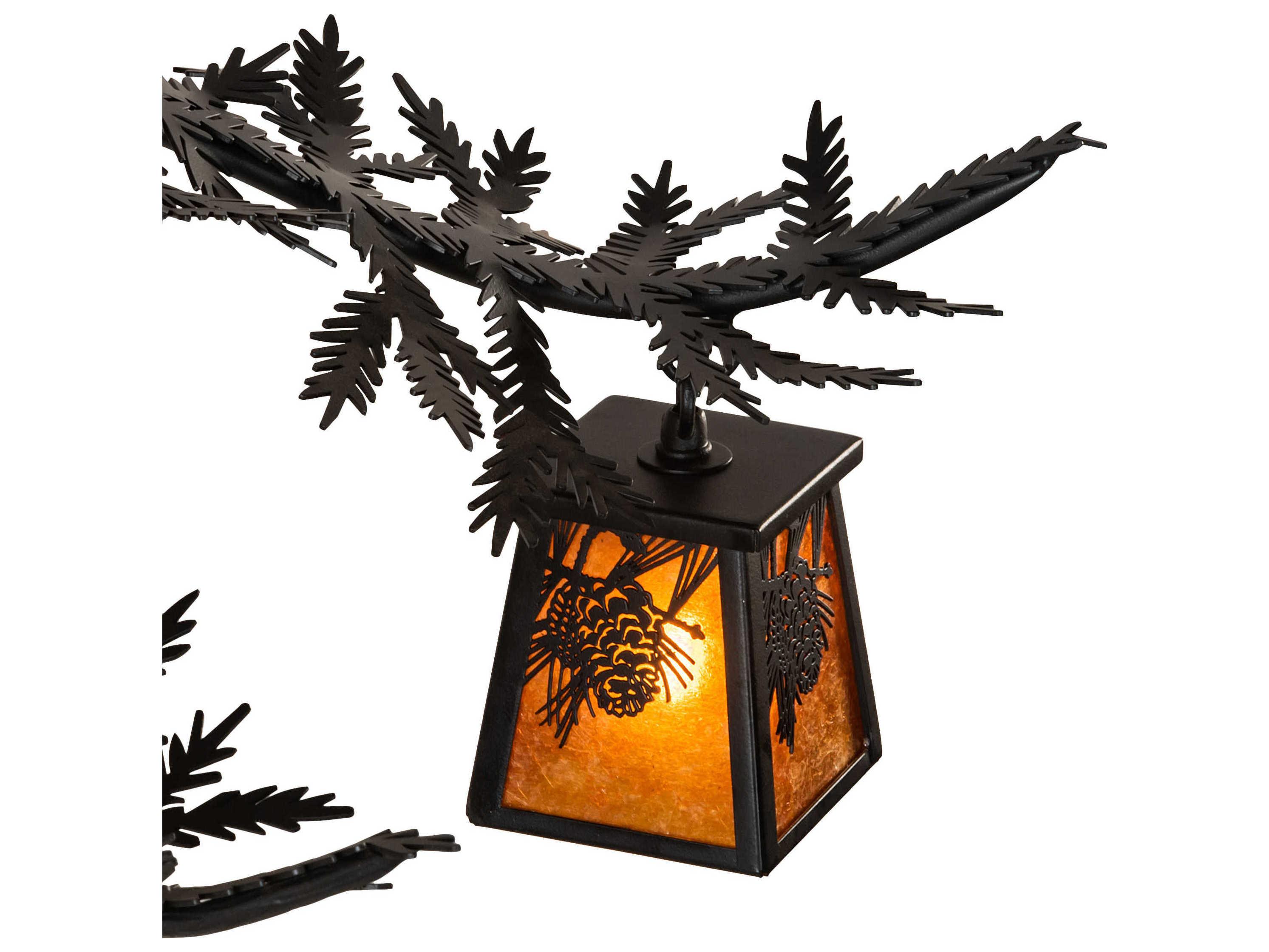 Meyda Pine Branch 8-Light Black Amber Mica Brown Lantern Chandelier