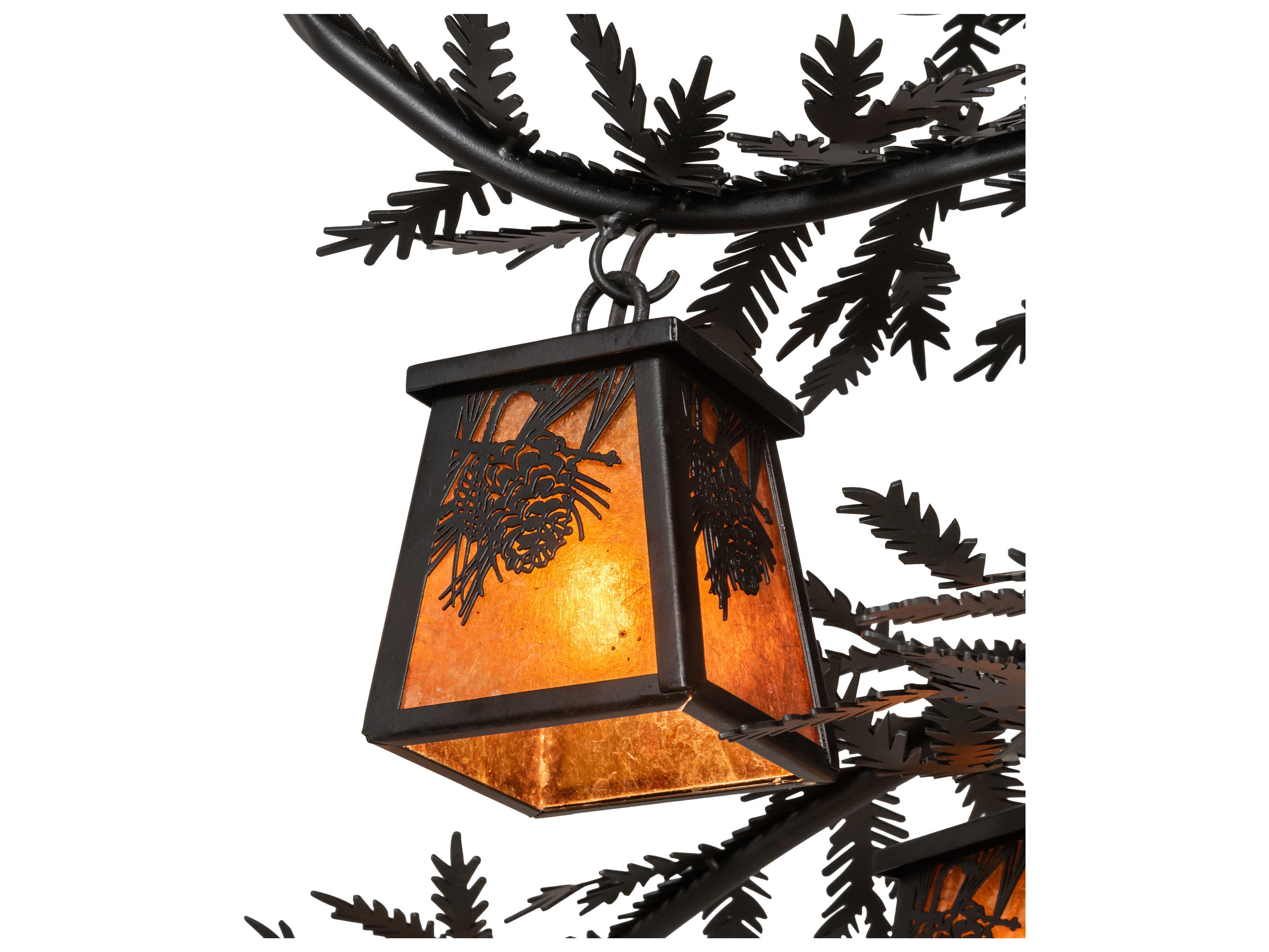 Meyda Pine Branch 8-Light Black Amber Mica Brown Lantern Chandelier