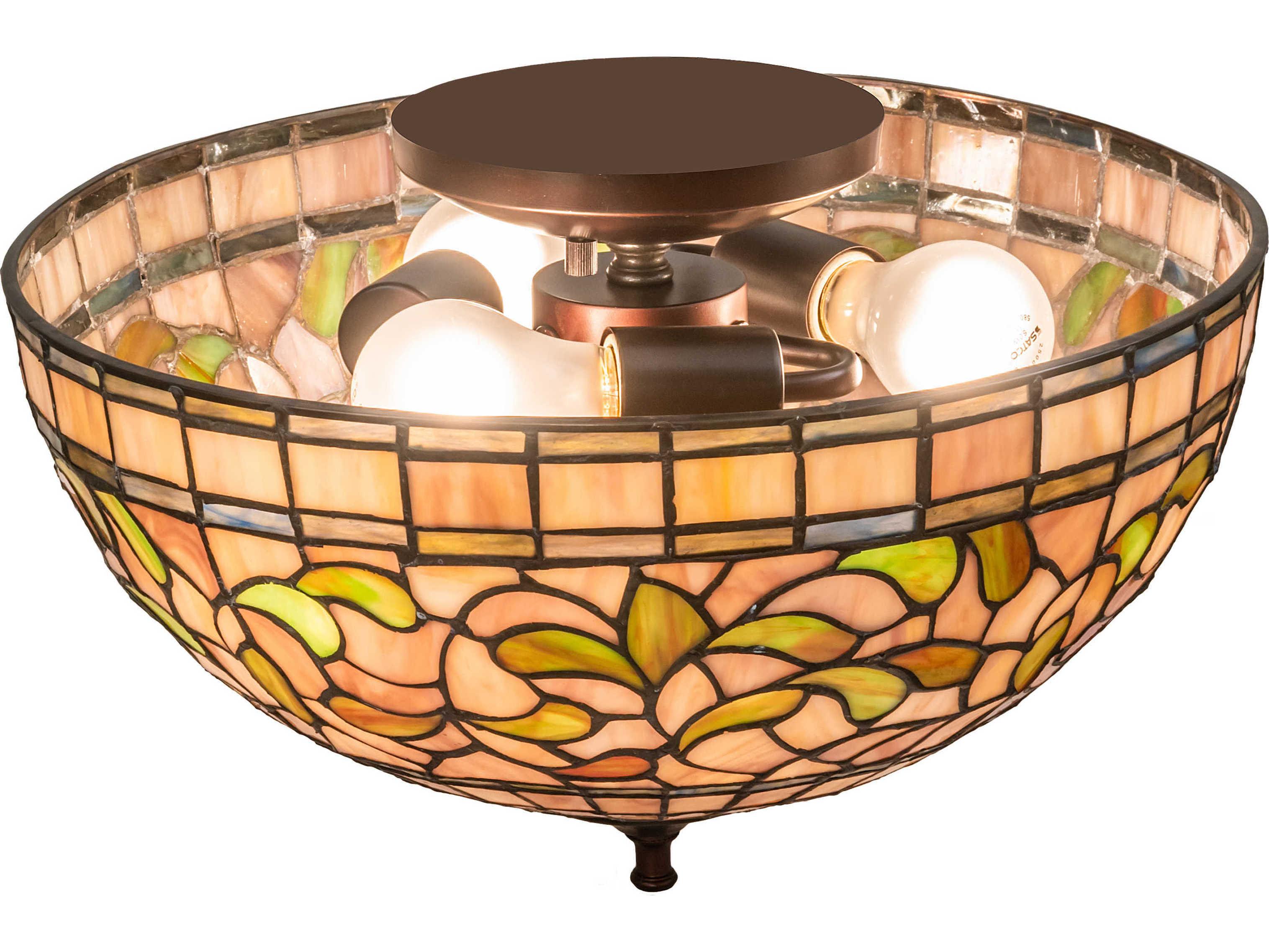 Meyda Tiffany Turning Leaf 3-Light Mauve Beige Green Glass Bowl Flush Mount