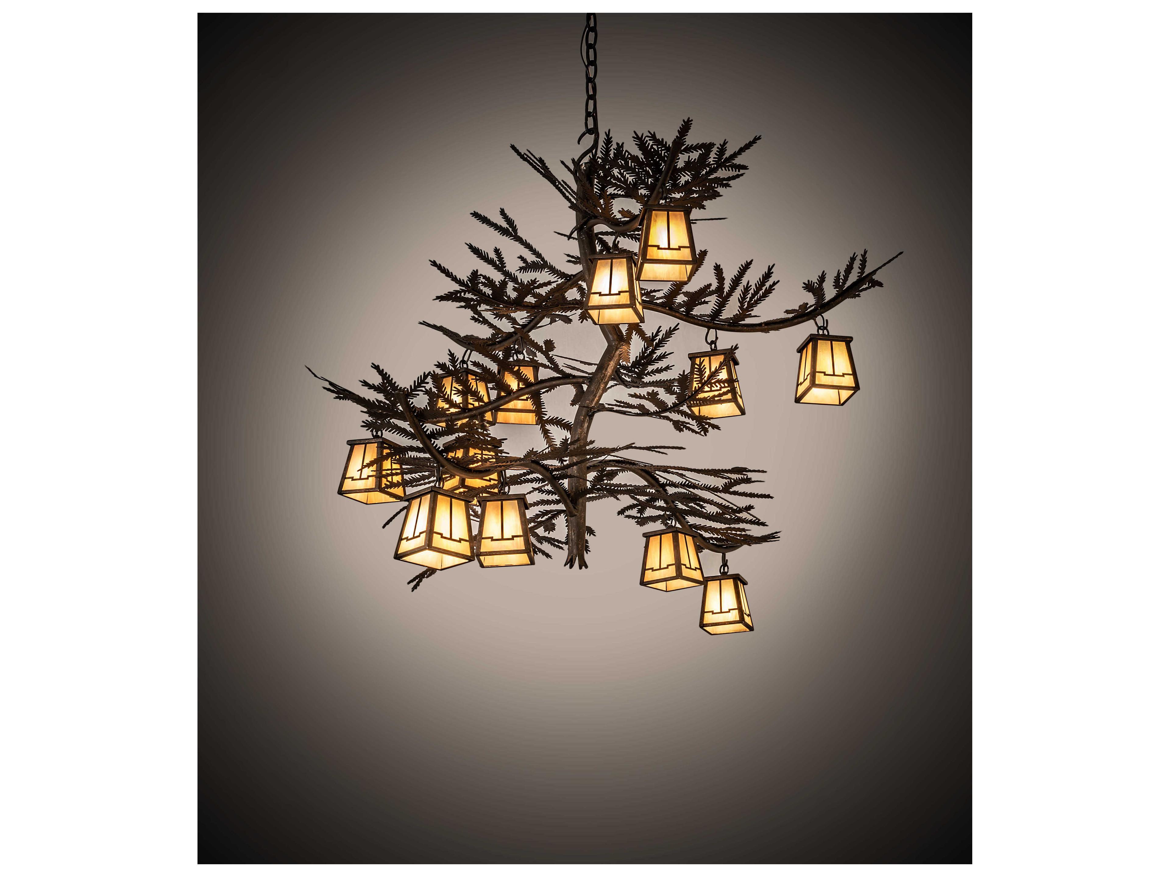 Meyda Pine Branch Valley View 12-Light Chocolate Beige Brown Glass Lantern Chandelier