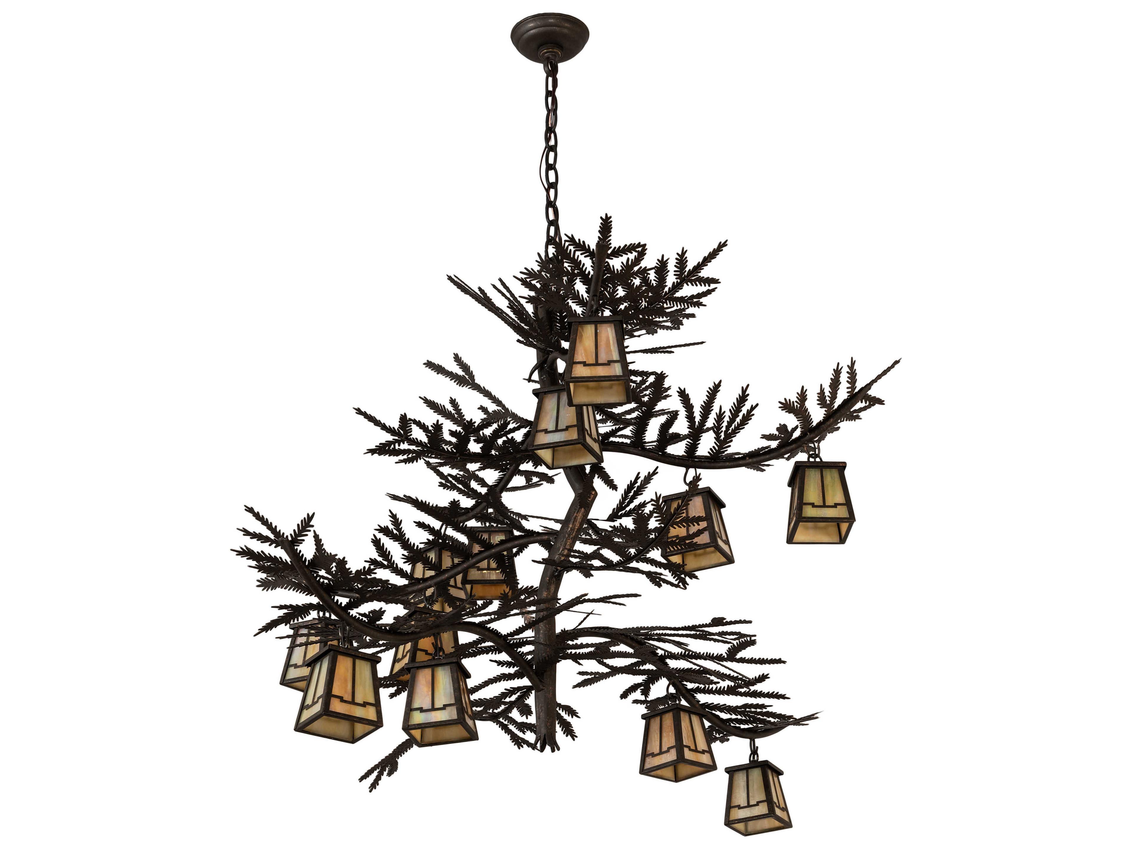 Meyda Pine Branch Valley View 12-Light Chocolate Beige Brown Glass Lantern Chandelier