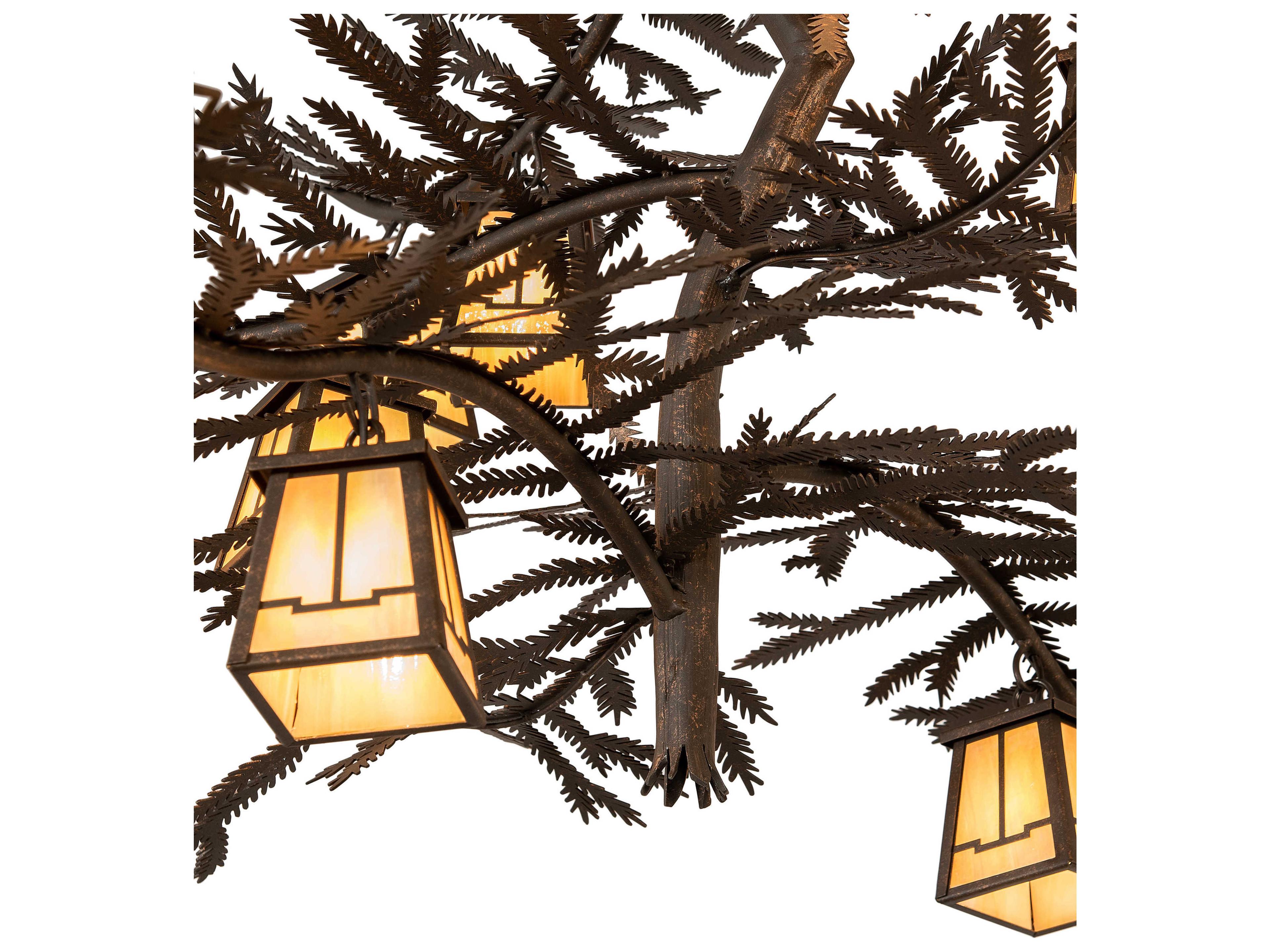 Meyda Pine Branch Valley View 12-Light Chocolate Beige Brown Glass Lantern Chandelier