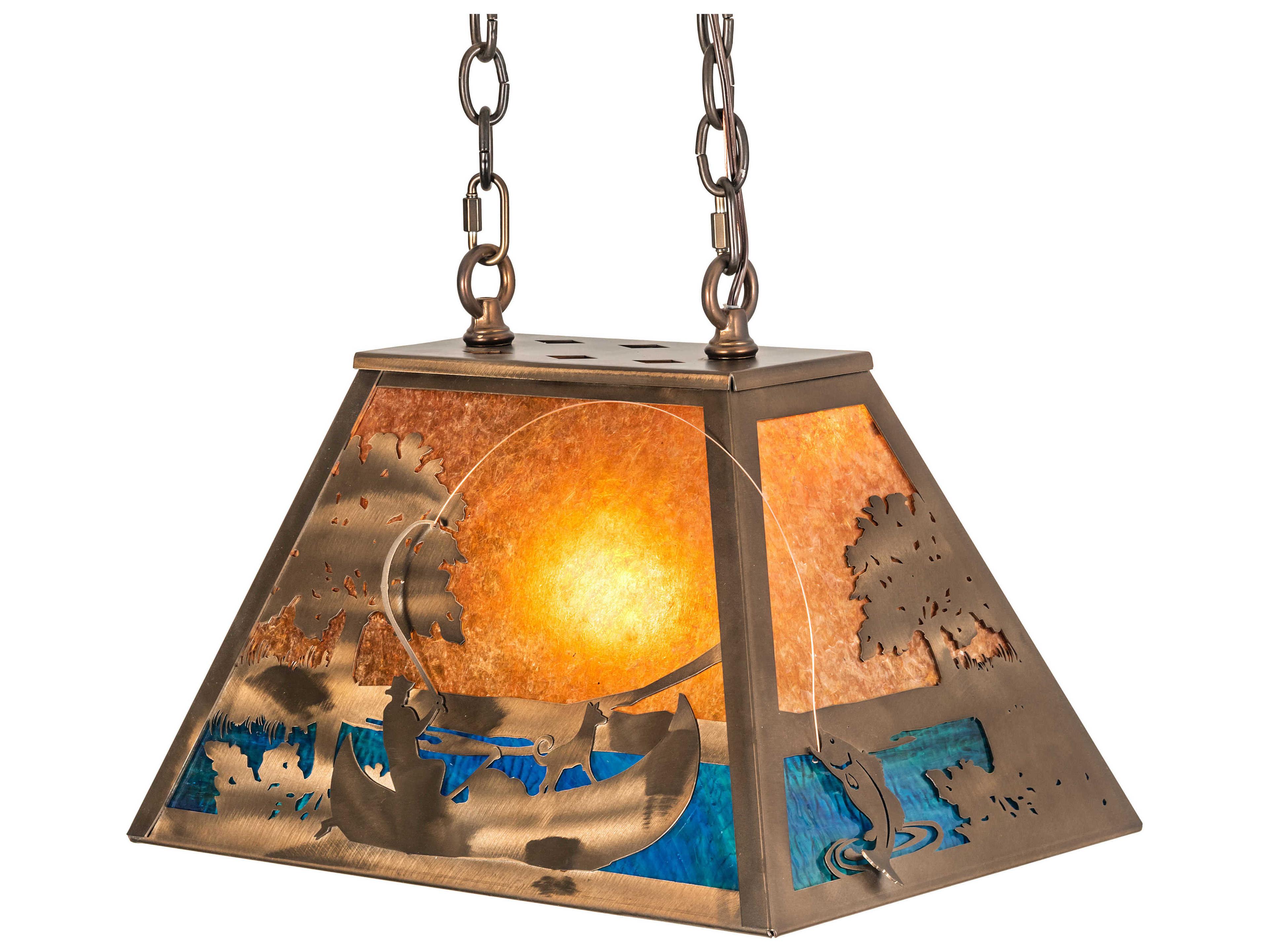 Meyda Bass And Fisherman 1-Light Antique Copper Blue Glass Tiffany Island Pendant