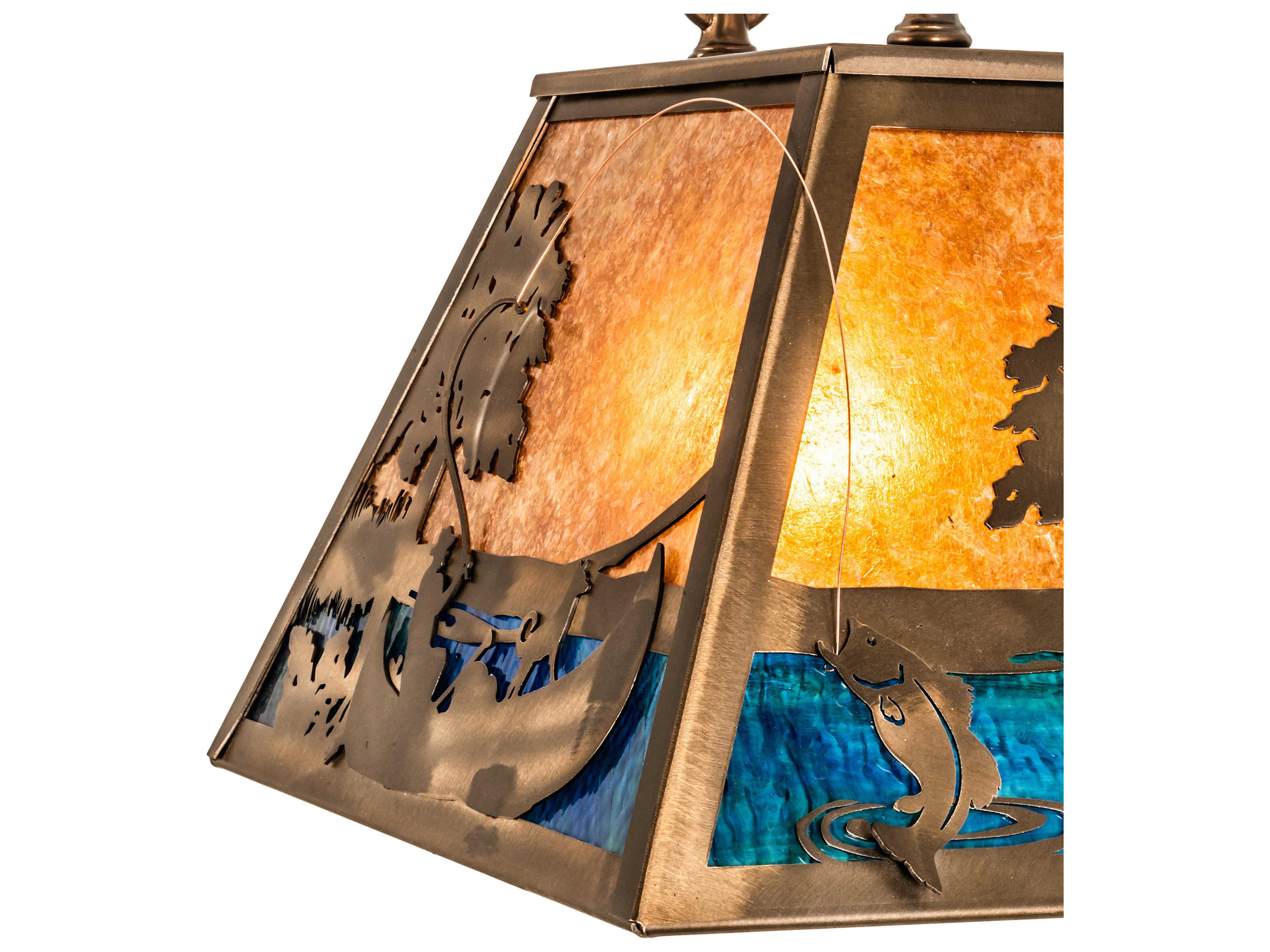 Meyda Bass And Fisherman 1-Light Antique Copper Blue Glass Tiffany Island Pendant