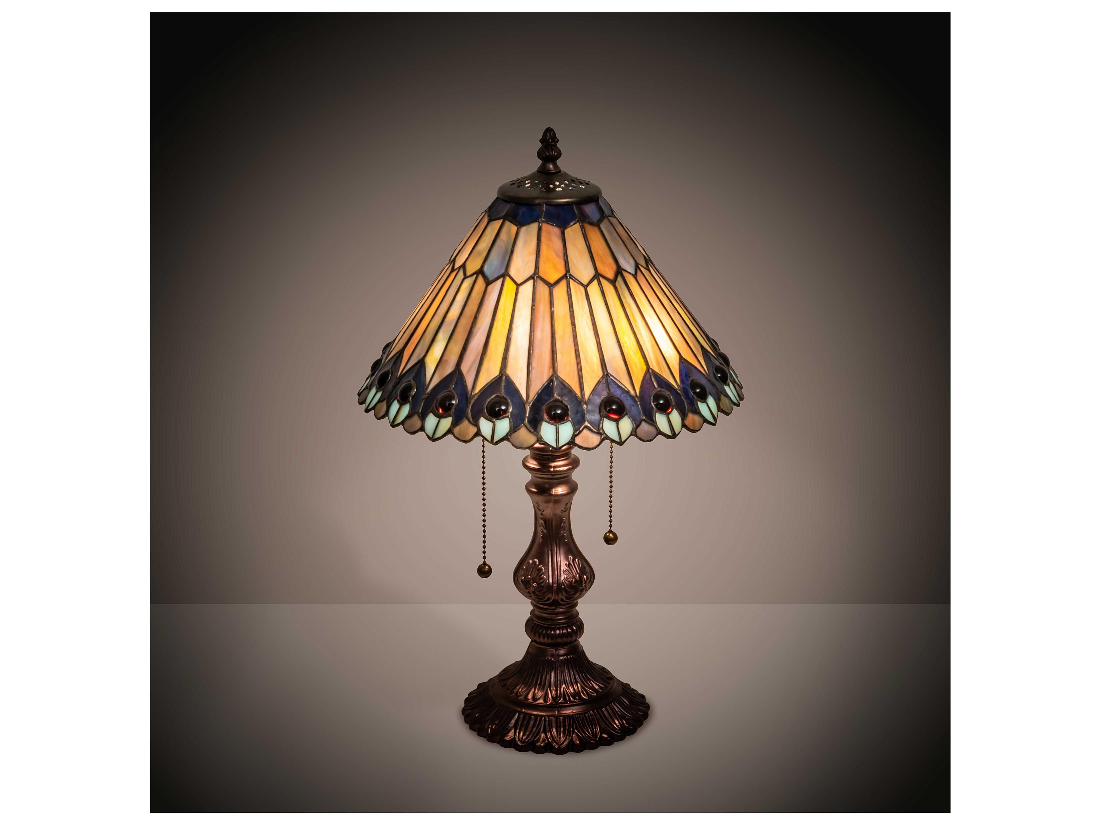 Meyda Tiffany Jeweled Peacock Glass Mahogany Bronze Blue Table Lamp