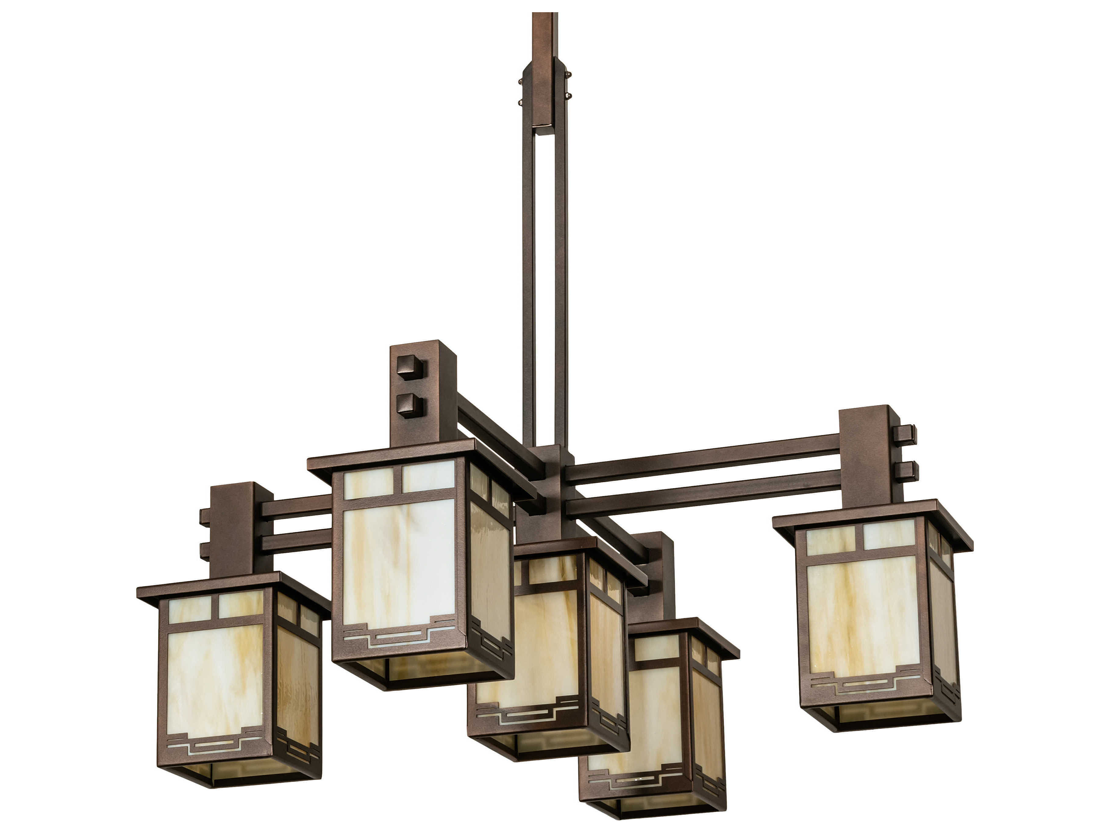 Meyda Roylance 5-Light Mahogany Bronze Off White Glass Geometric Lantern Chandelier