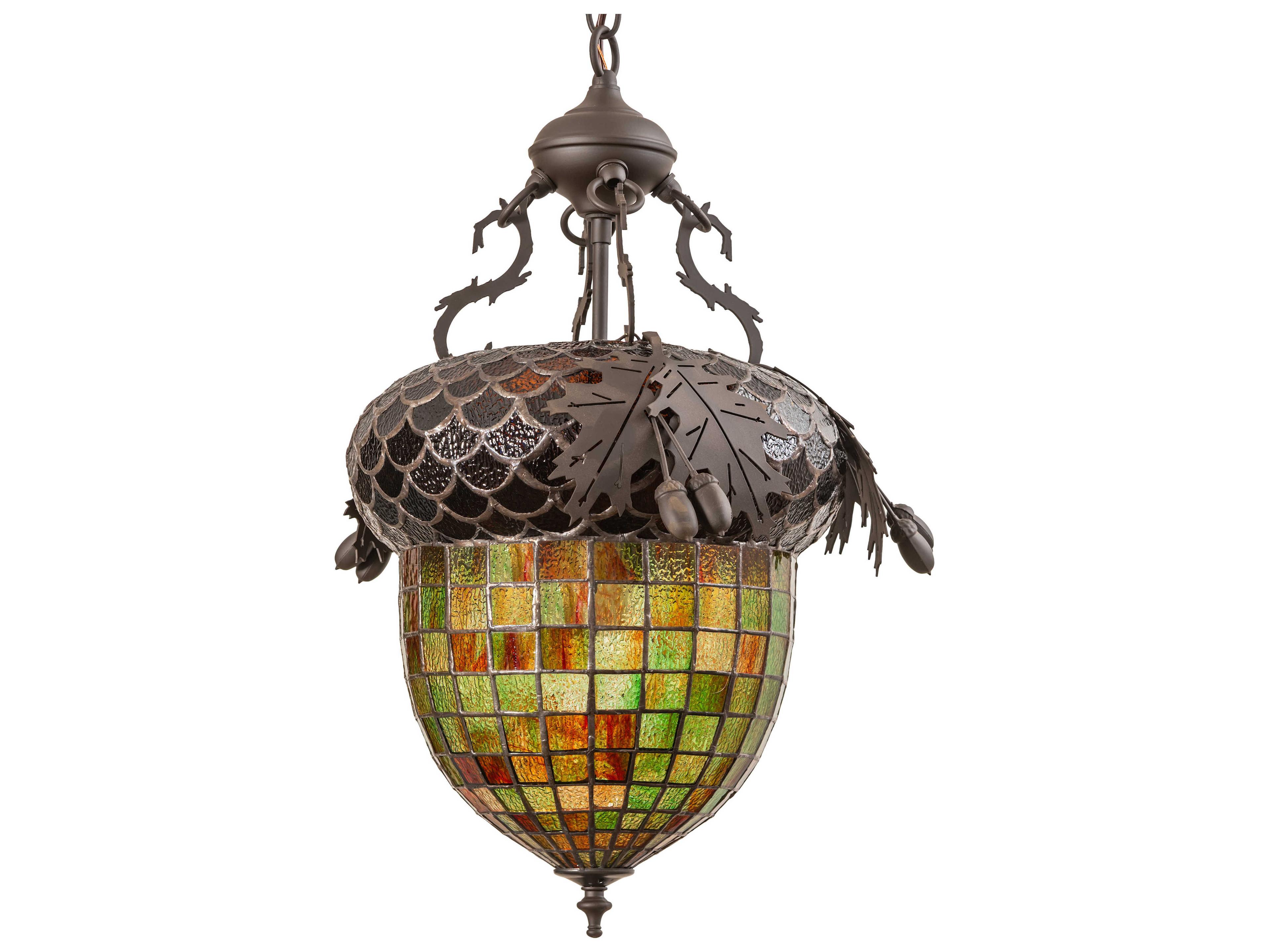 Meyda Oak Leaf & Acorn 1-Light Oil Rubbed Bronze Brown Glass Tiffany Bell Pendant