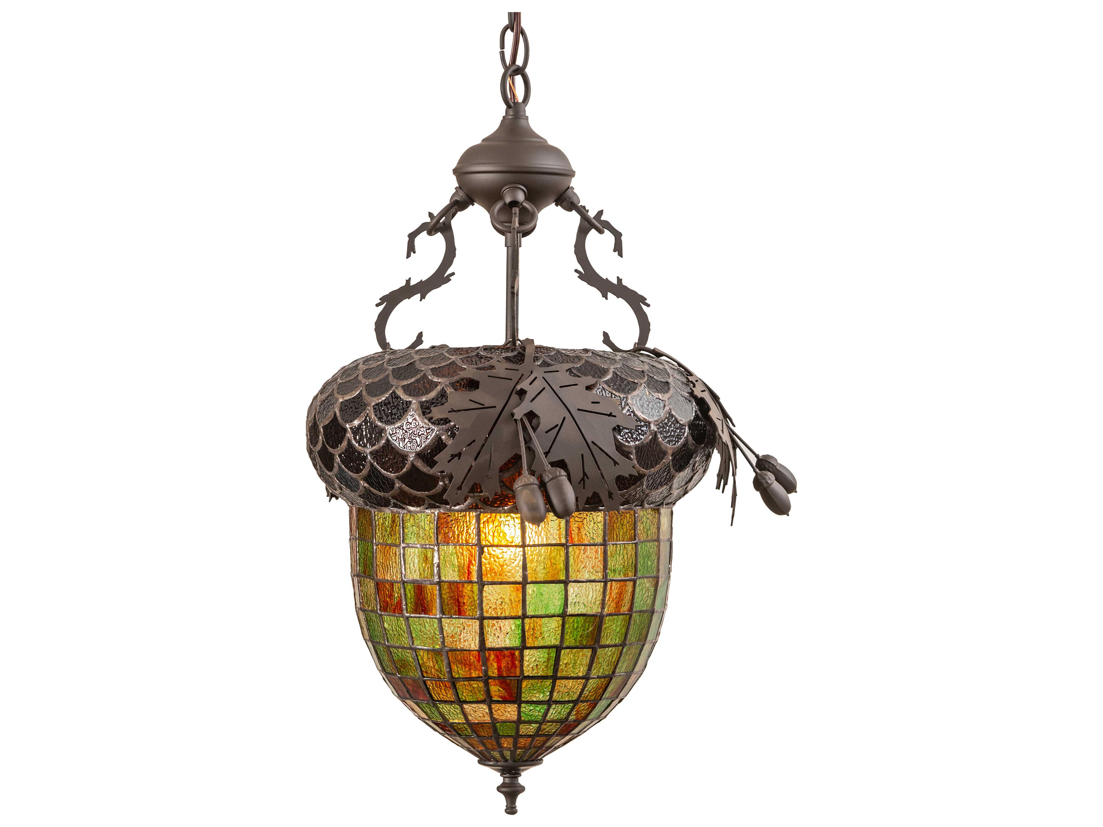 Meyda Oak Leaf & Acorn 1-Light Oil Rubbed Bronze Brown Glass Tiffany Bell Pendant