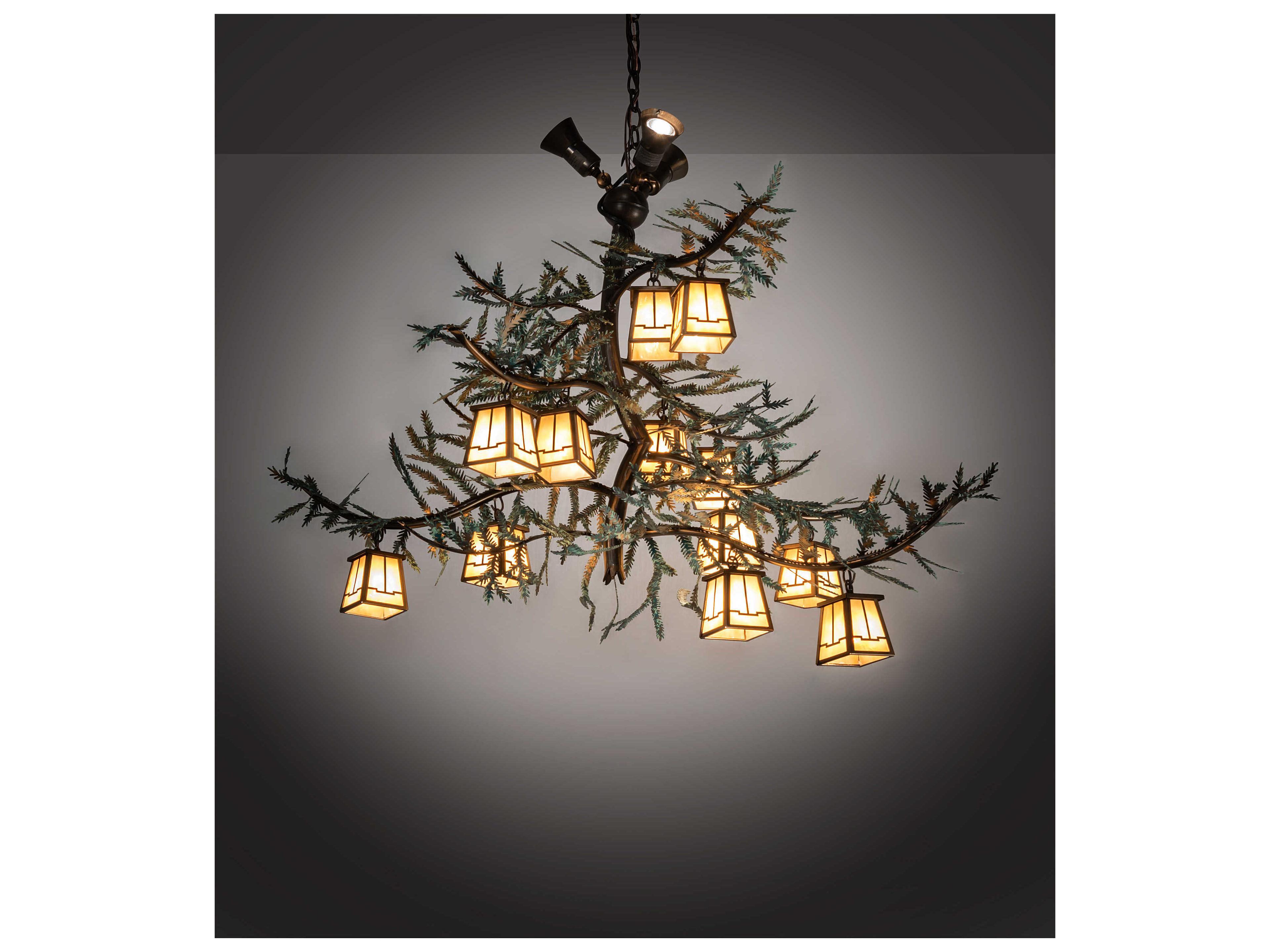 Meyda Pine Branch 12 3-Light Antique Copper Green Glass Lantern Island Pendant