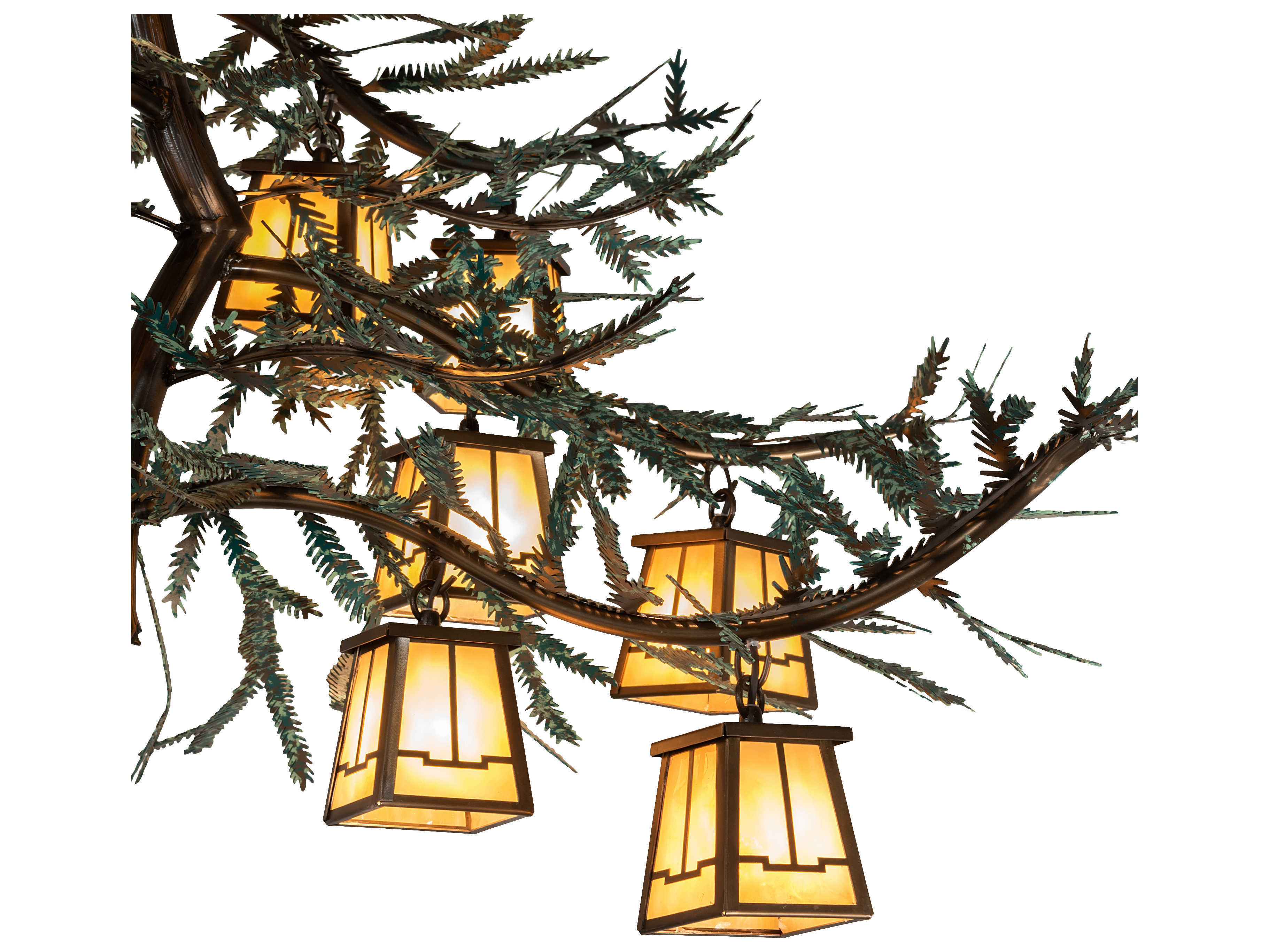 Meyda Pine Branch 12 3-Light Antique Copper Green Glass Lantern Island Pendant