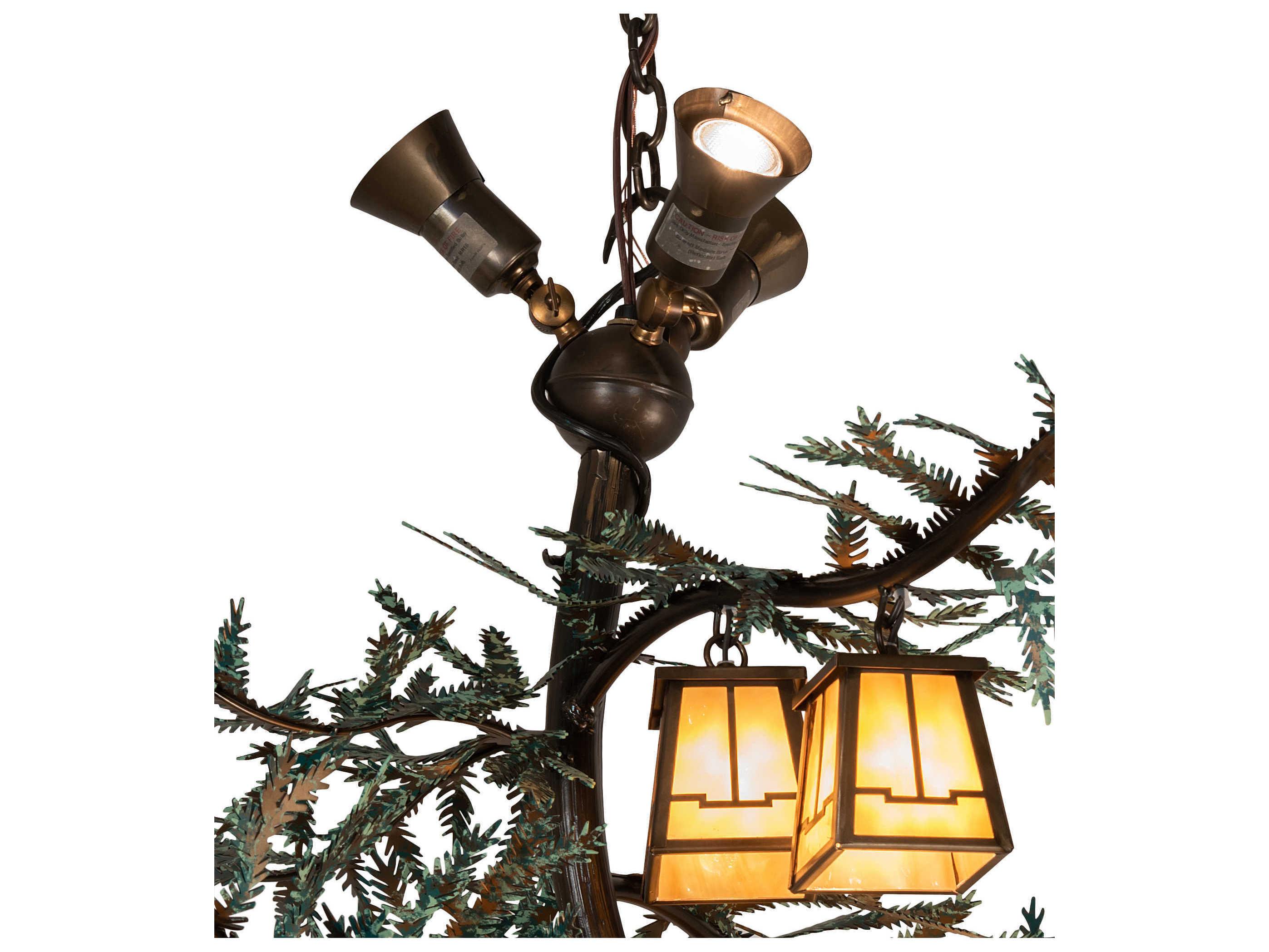 Meyda Pine Branch 12 3-Light Antique Copper Green Glass Lantern Island Pendant