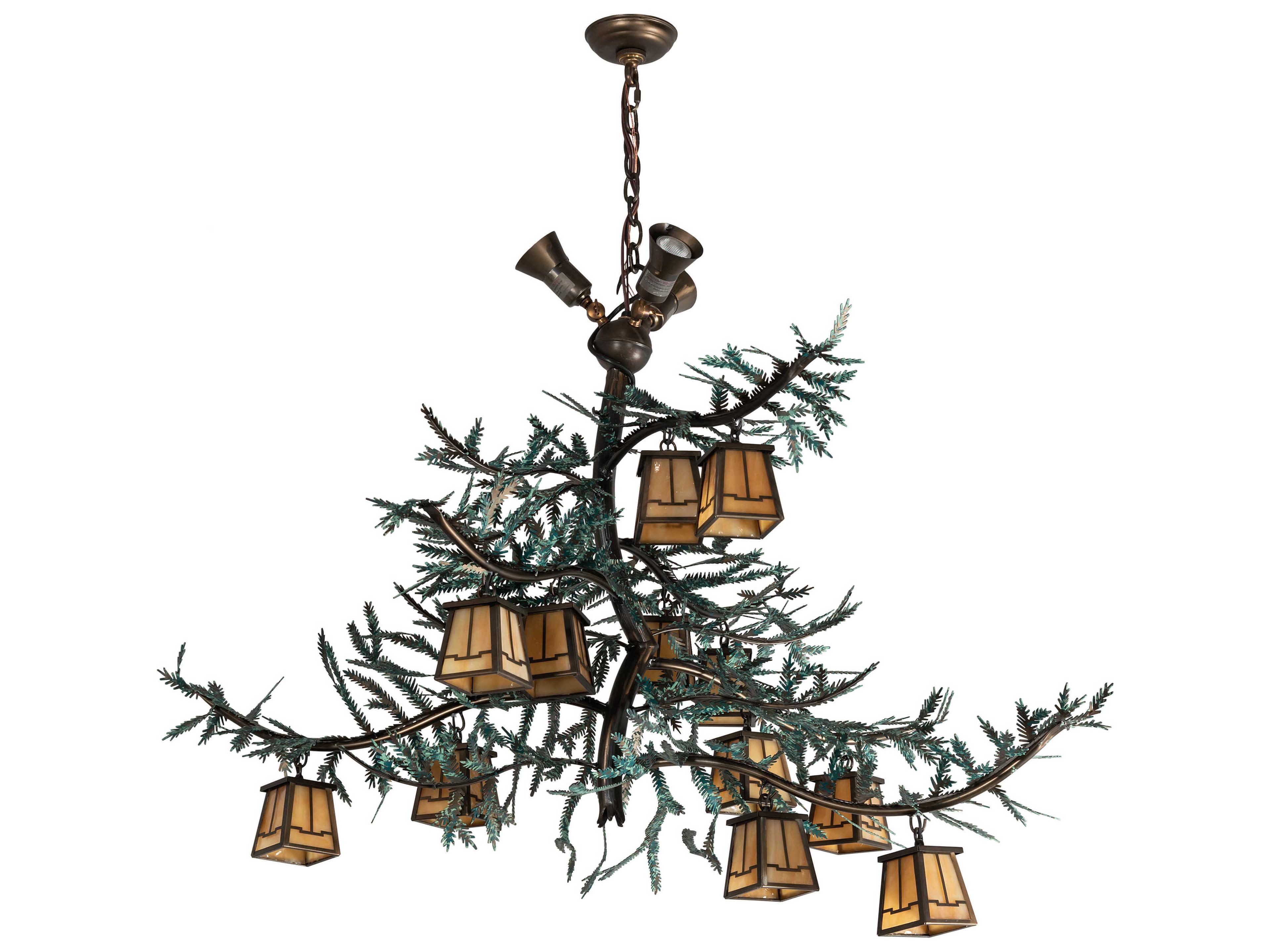 Meyda Pine Branch 12 3-Light Antique Copper Green Glass Lantern Island Pendant