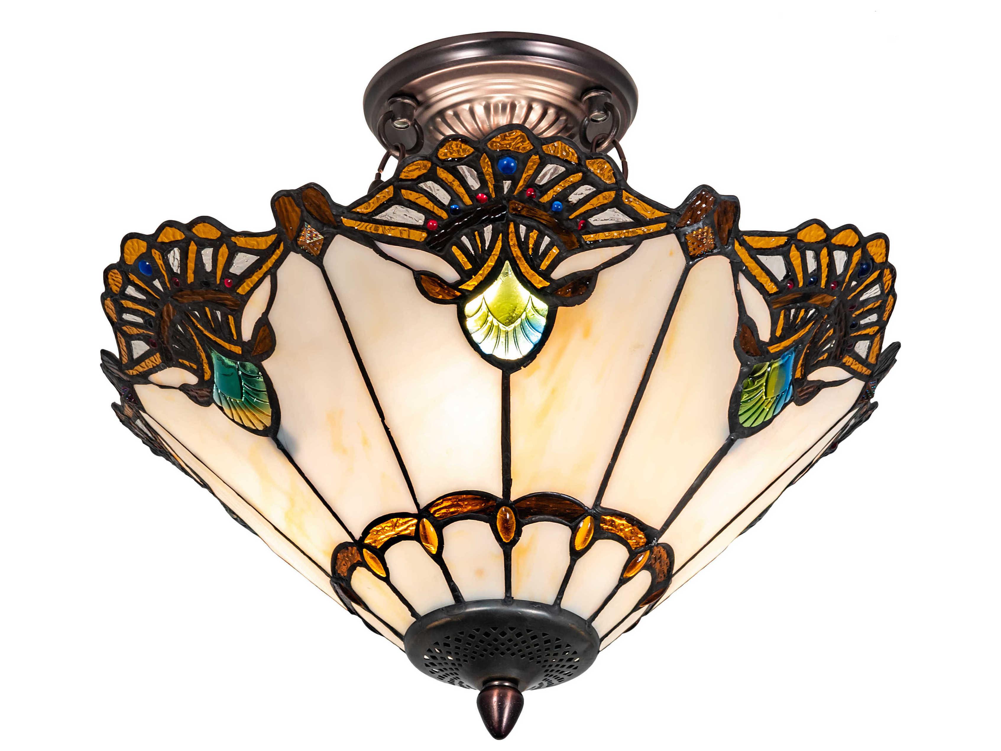 Meyda Shell With Jewels 3-Light Mahogany Bronze Blue Glass Tiffany Semi Flush Mount