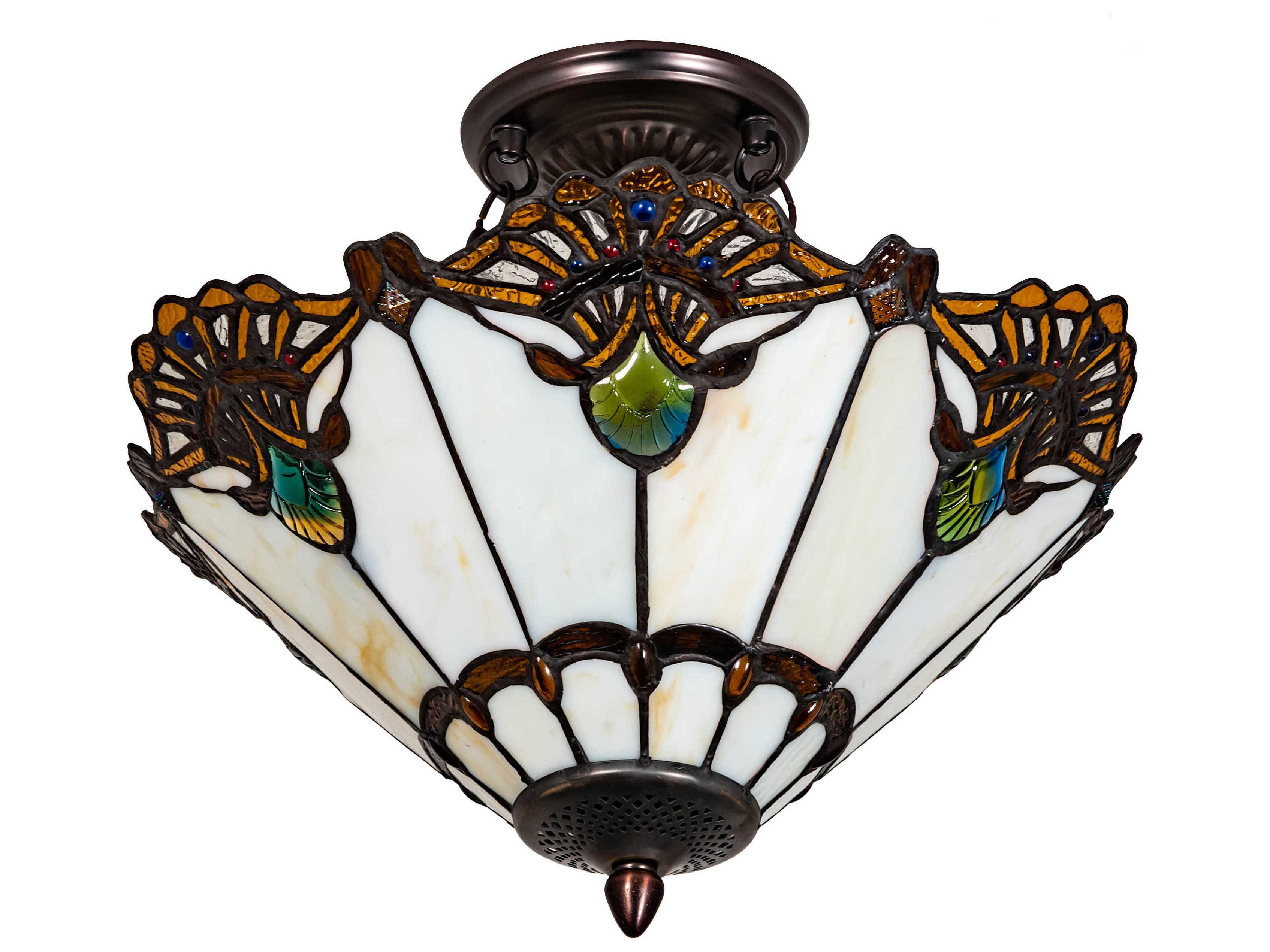 Meyda Shell With Jewels 3-Light Mahogany Bronze Blue Glass Tiffany Semi Flush Mount