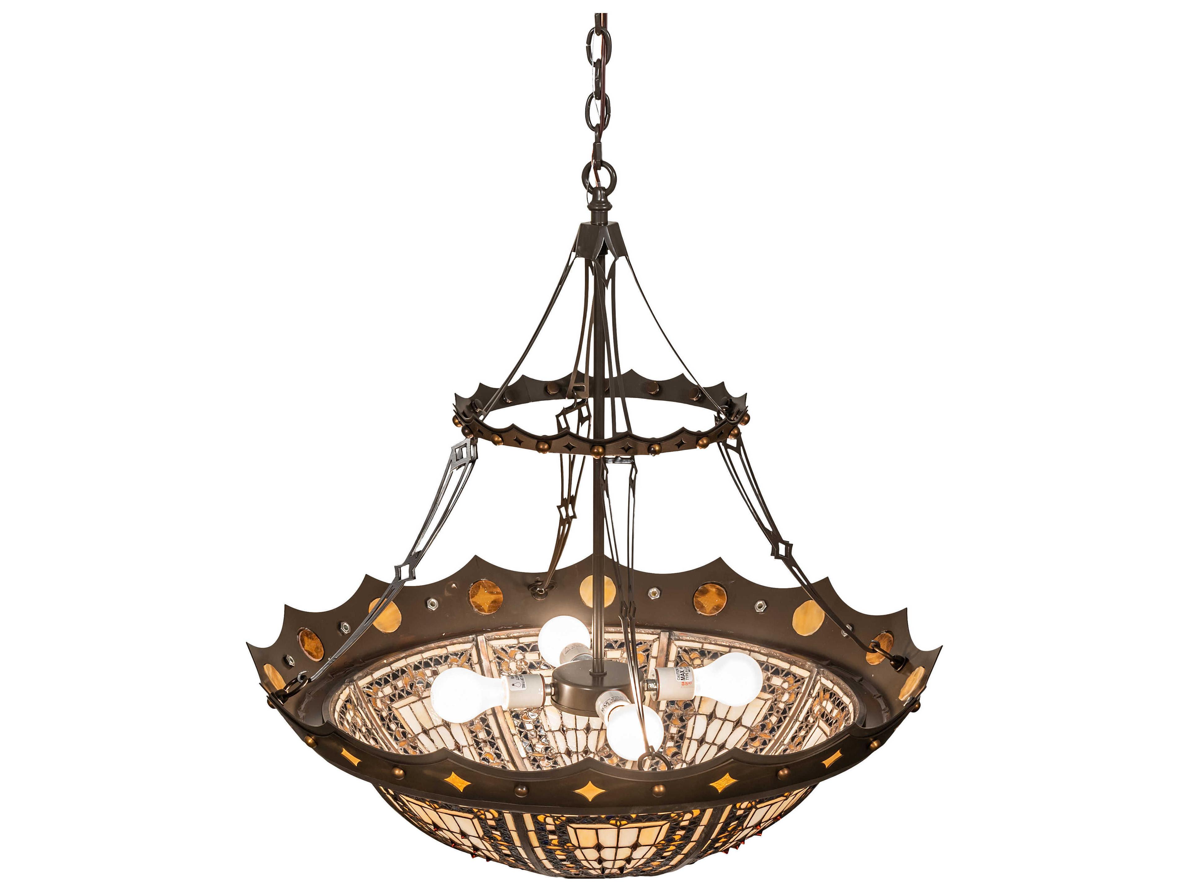 Meyda Fleur-de-lis 4-Light Antique Copper Timeless Bronze Blue Glass Tiffany Bowl Pendant