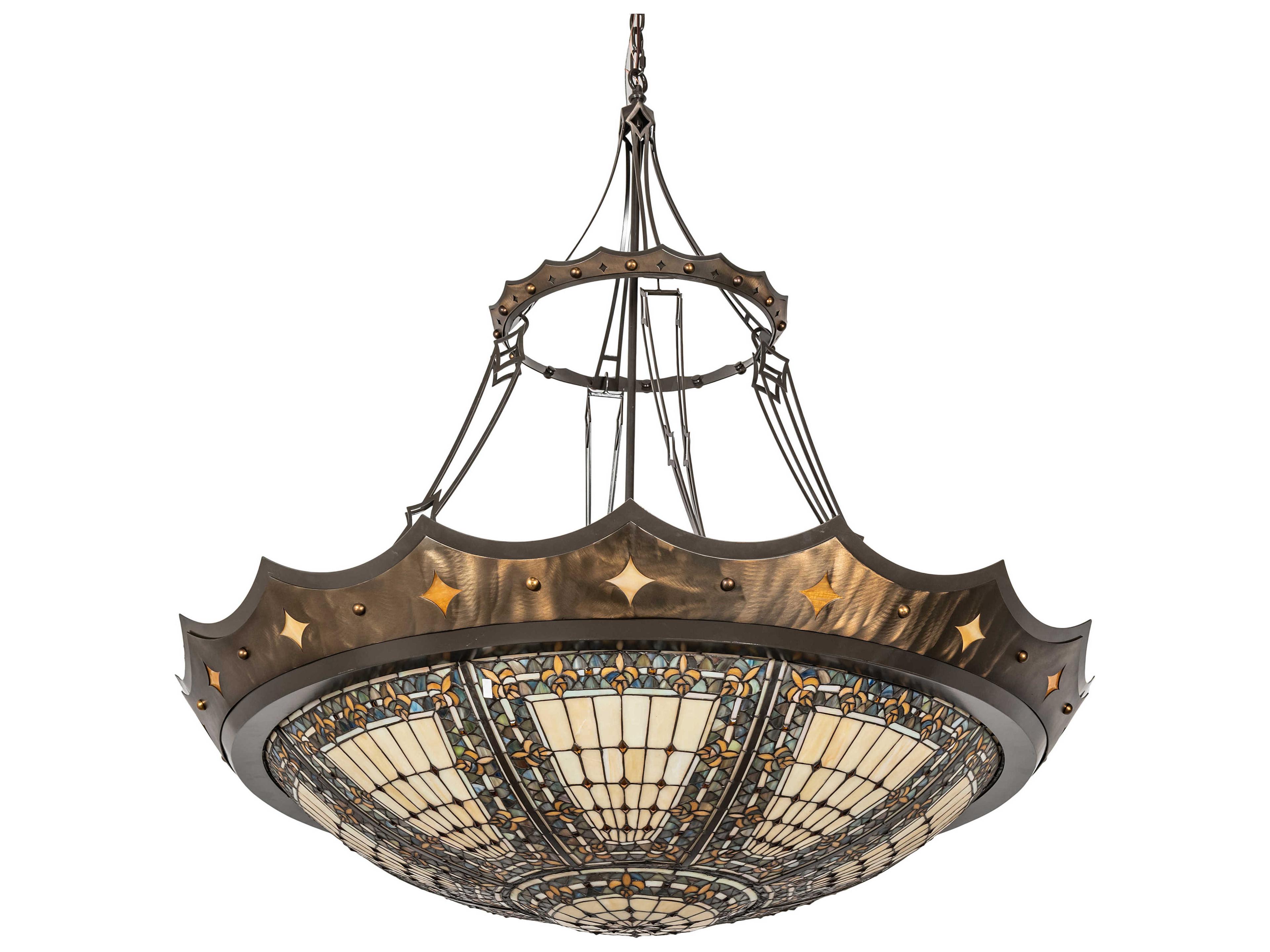 Meyda Fleur-de-lis 6-Light Antique Copper Timeless Bronze Brown Glass Tiffany Bowl Pendant