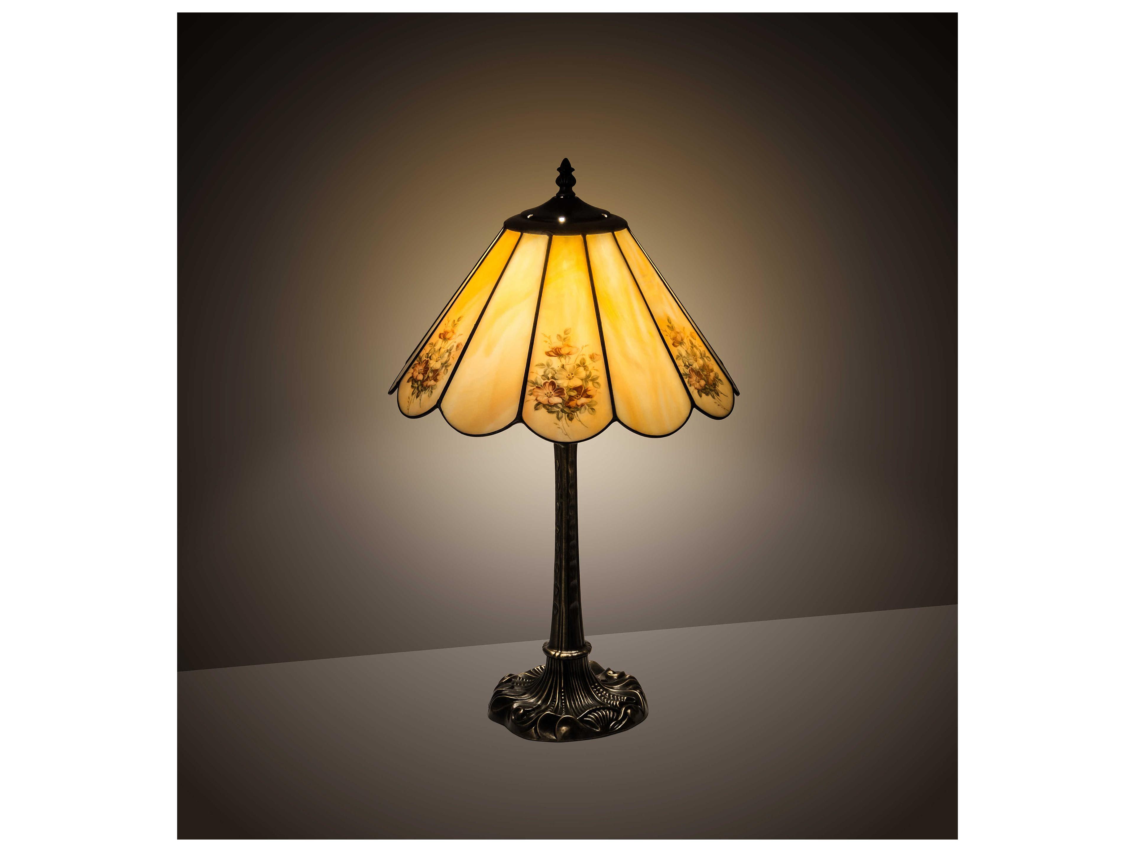 Meyda Pansies Glass Green Violet Beige Off White Table Lamp