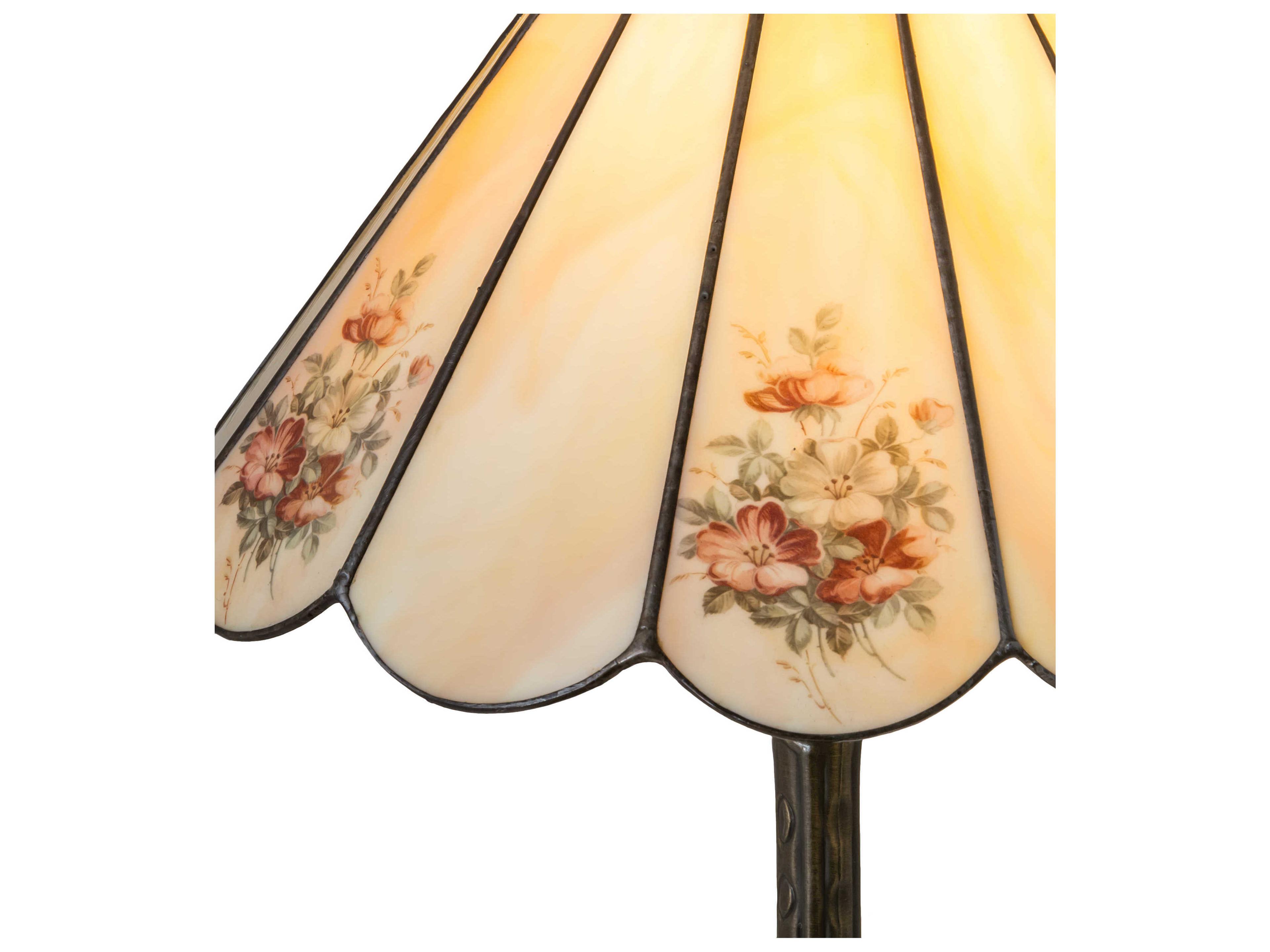 Meyda Pansies Glass Green Violet Beige Off White Table Lamp