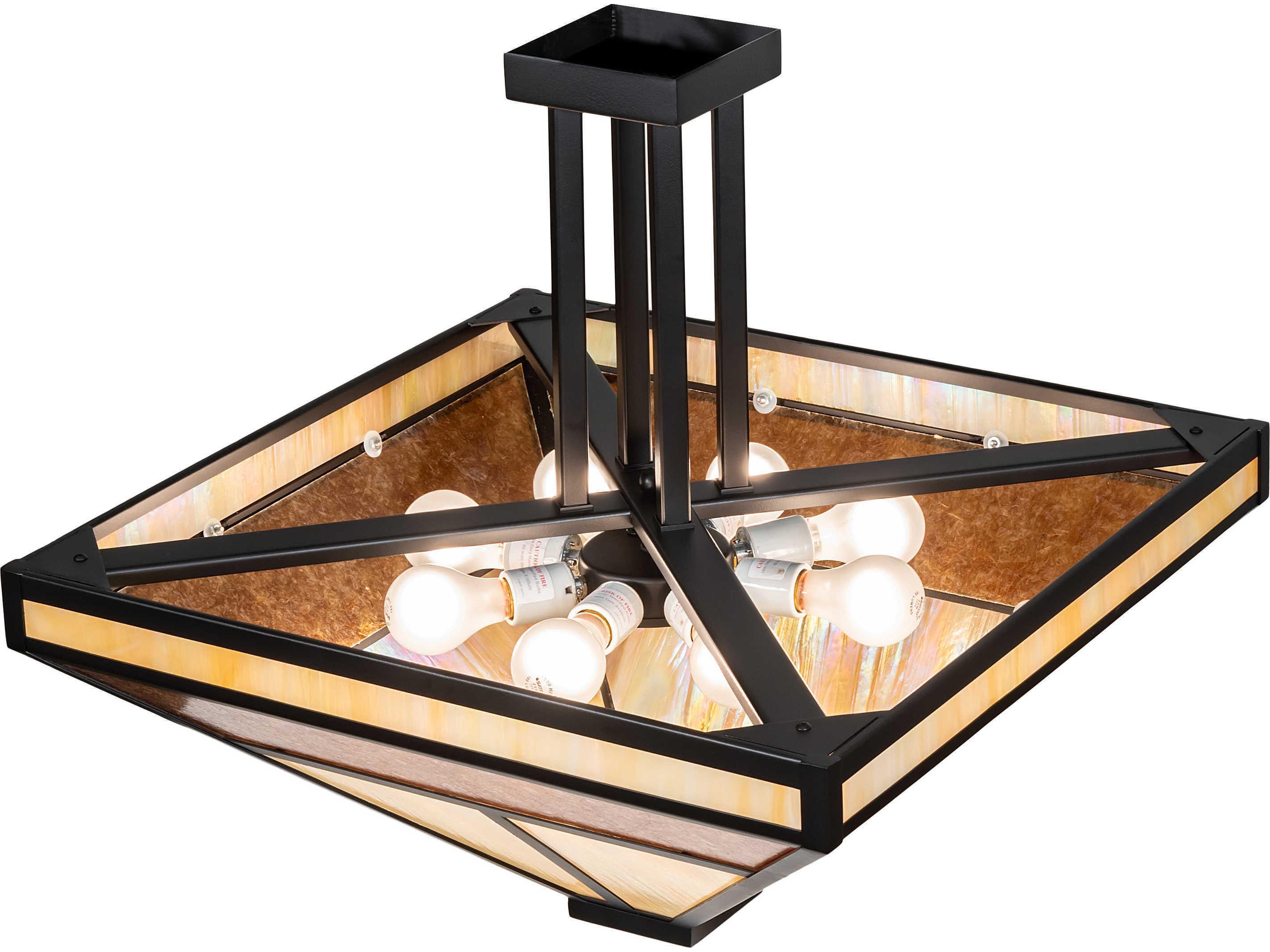 Meyda T-mission 8-Light Black Beige Amber Mica Brown Glass Semi Flush Mount