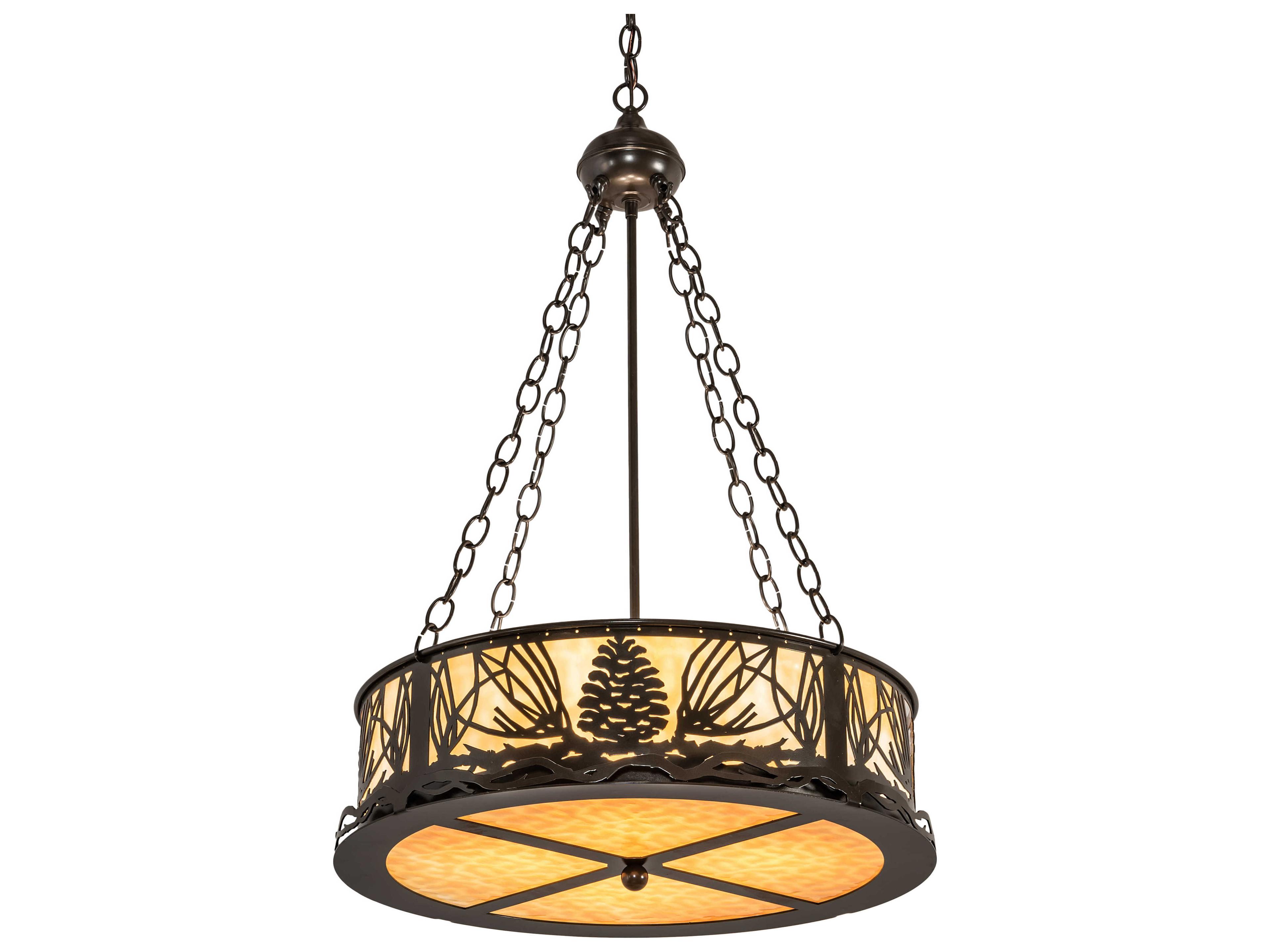 Meyda Mountain Pine 4-Light Timeless Bronze Off White Glass Drum Pendant