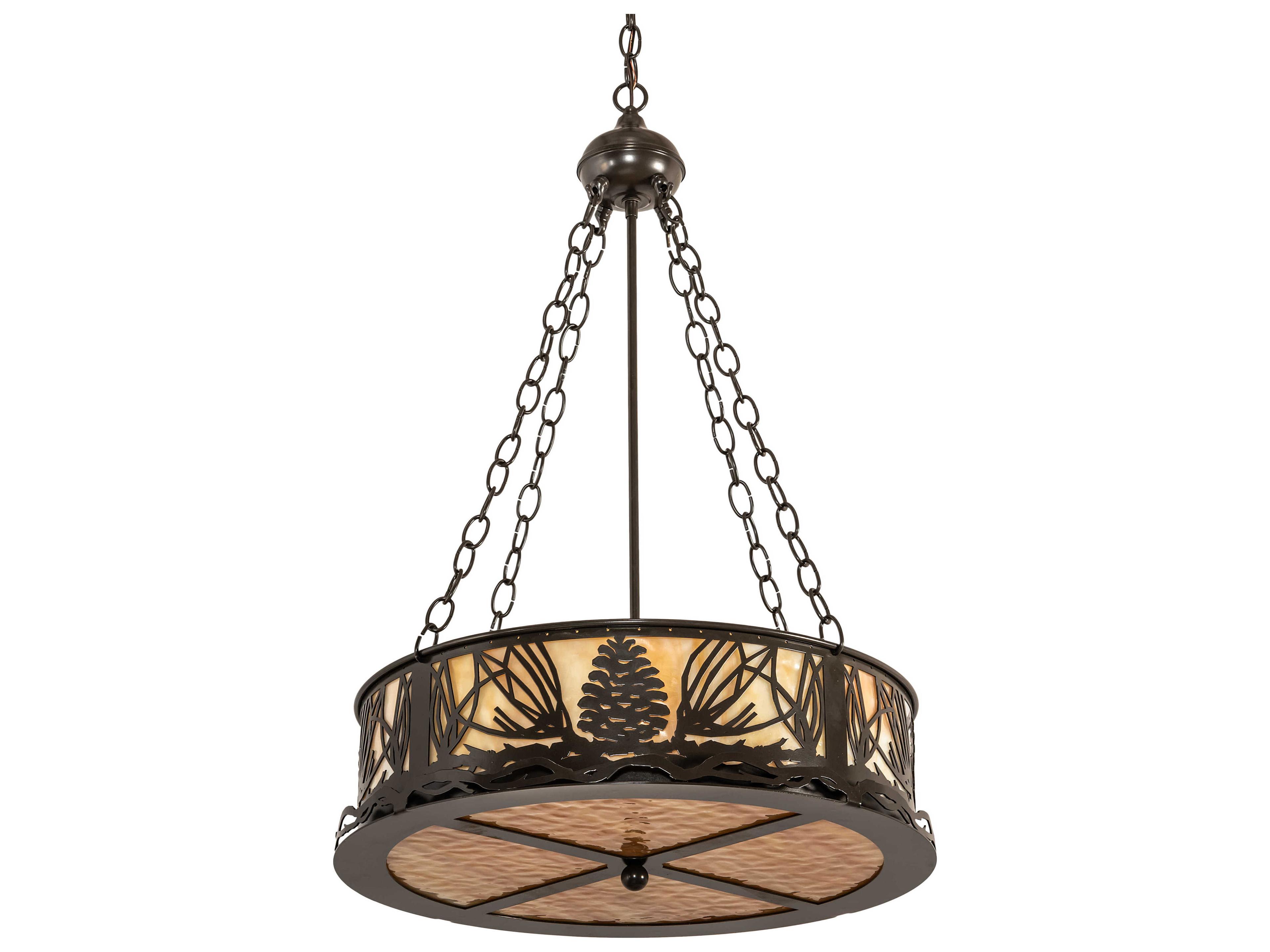 Meyda Mountain Pine 4-Light Timeless Bronze Off White Glass Drum Pendant