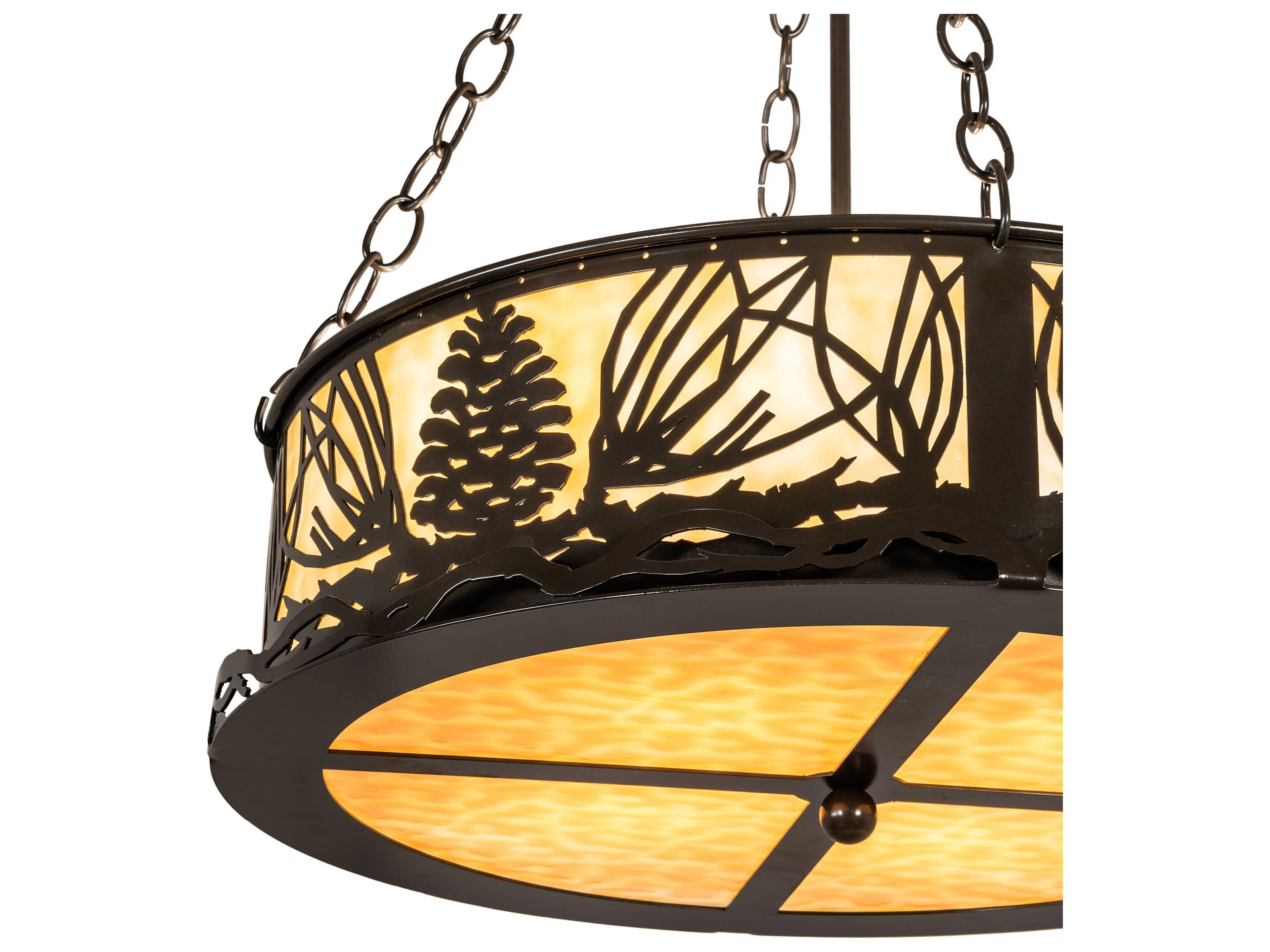 Meyda Mountain Pine 4-Light Timeless Bronze Off White Glass Drum Pendant