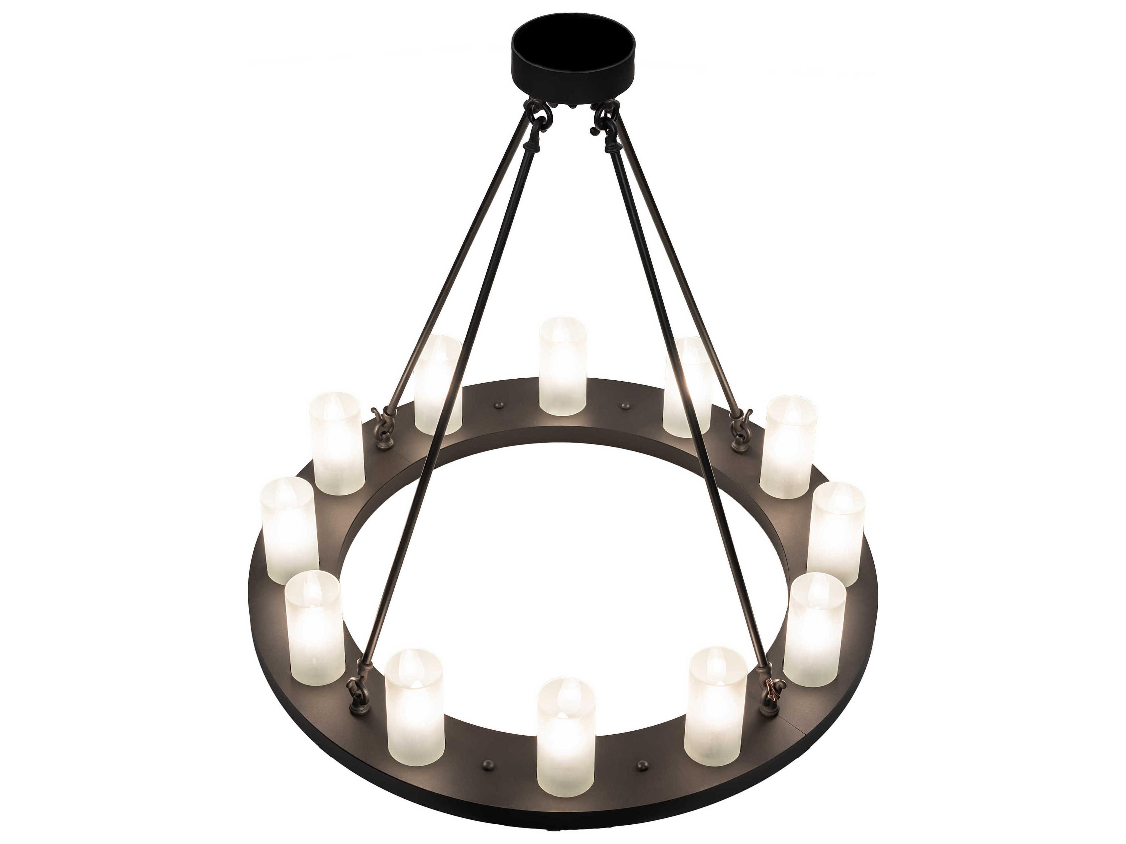 Meyda Loxley 12-Light Wrought Iron Black Glass Cylinder Round Chandelier