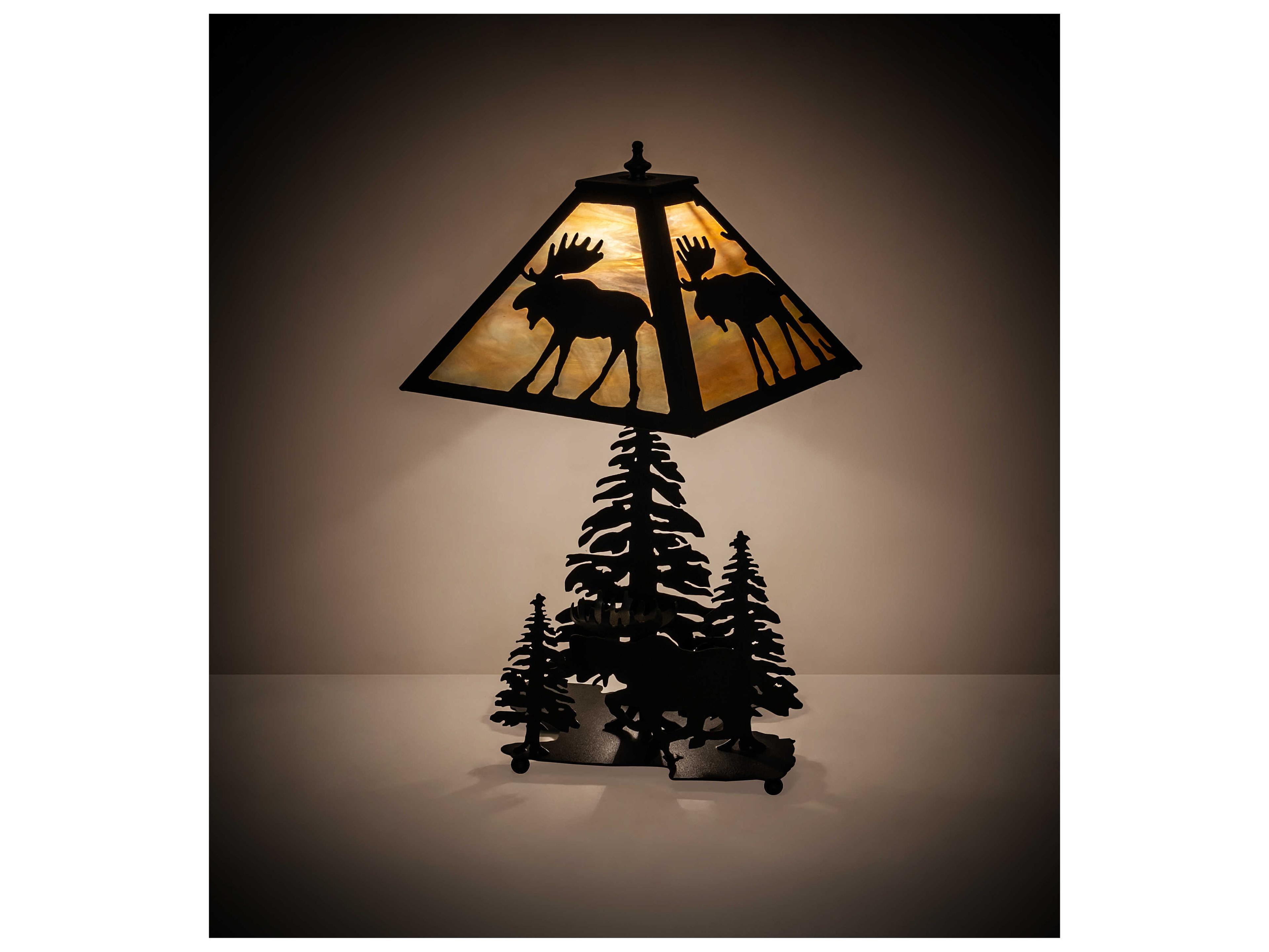 Meyda Moose On The Loose Glass Rustic Lodge Black Beige Off White Table Lamp