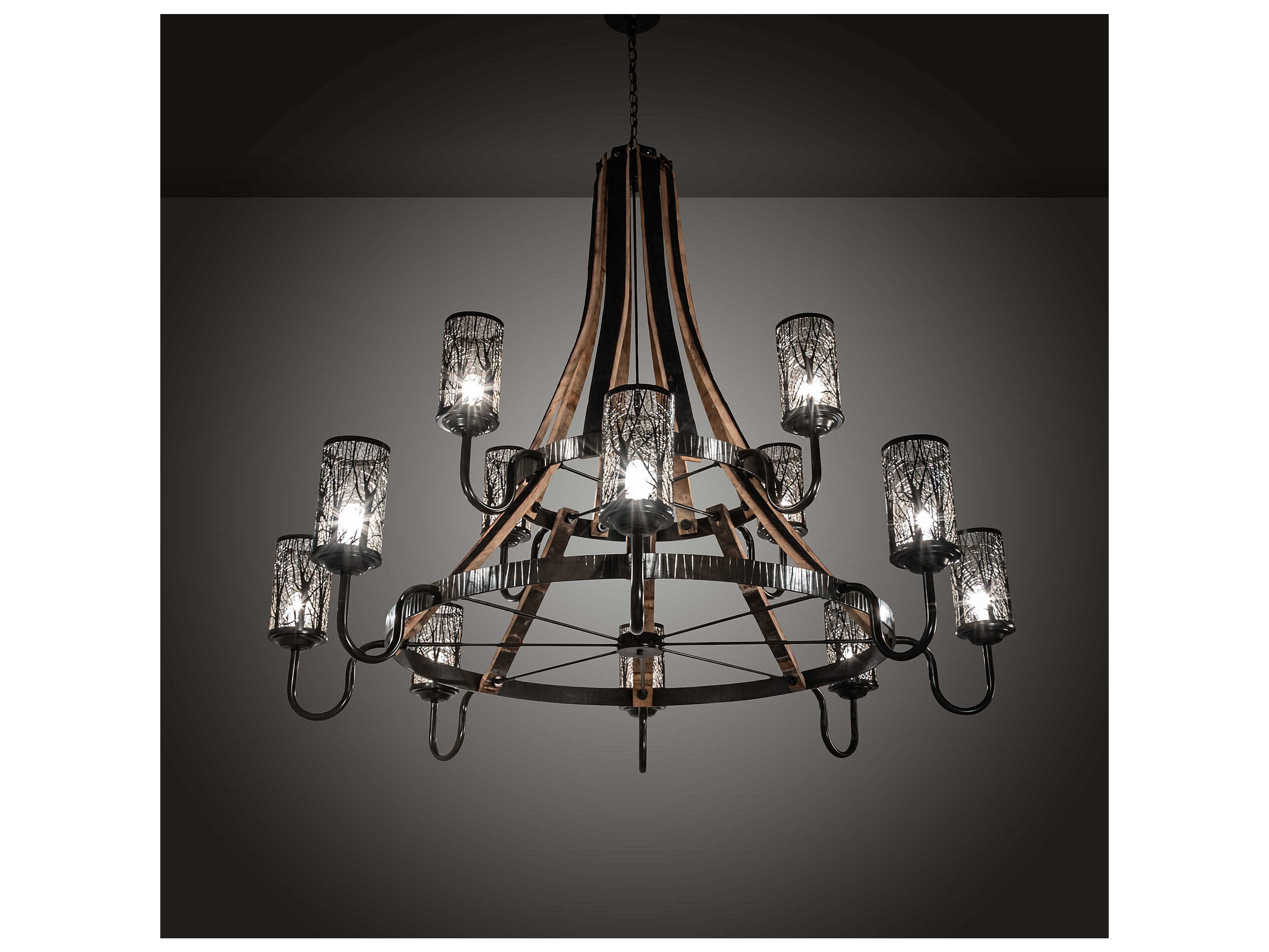 Meyda Barrel Stave 12-Light Natural Wood Timeless Bronze Cylinder Tiered Chandelier