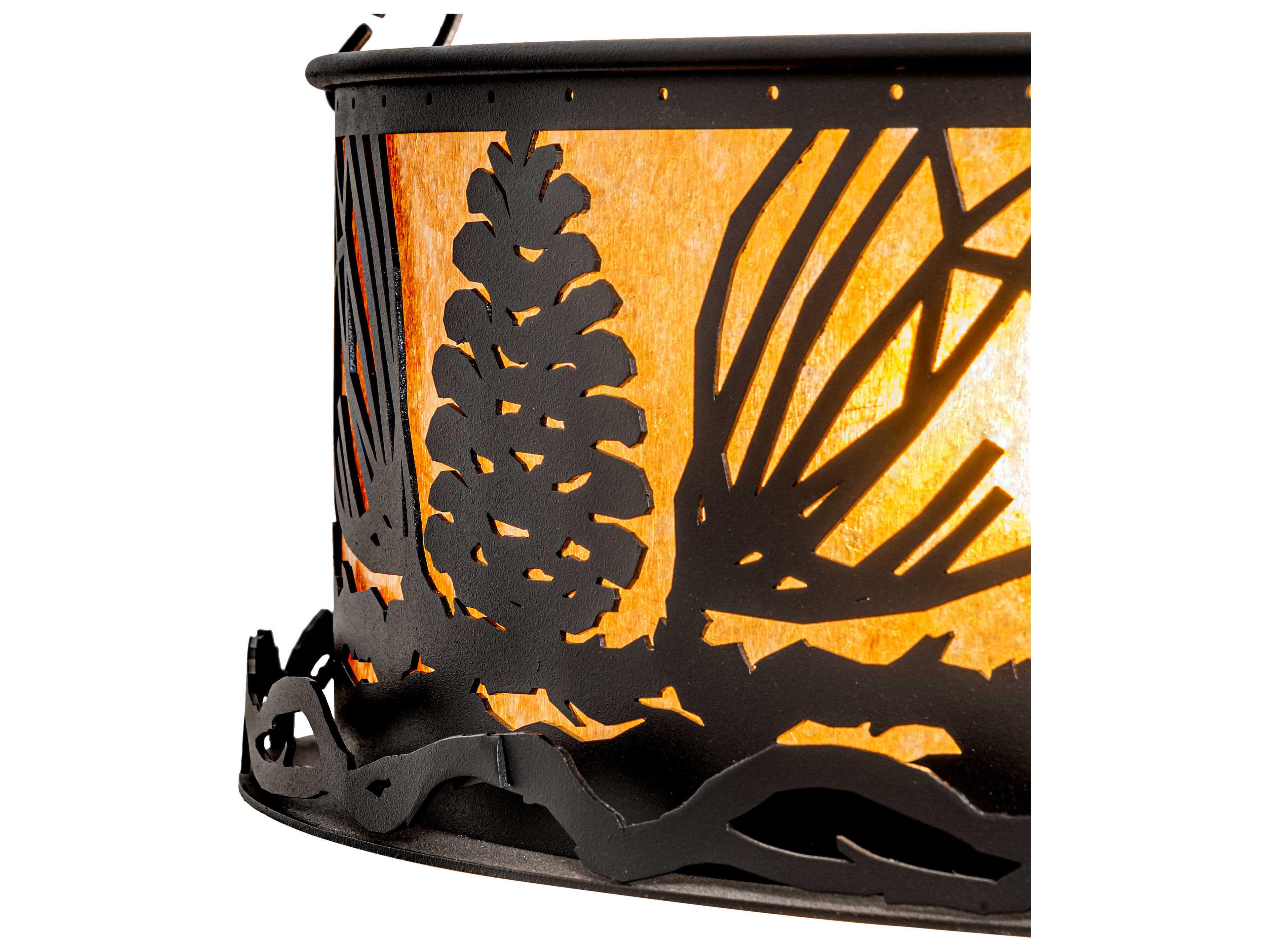 Meyda Mountain Pine 4-Light Black Beige Amber Mica Brown Glass Drum Pendant