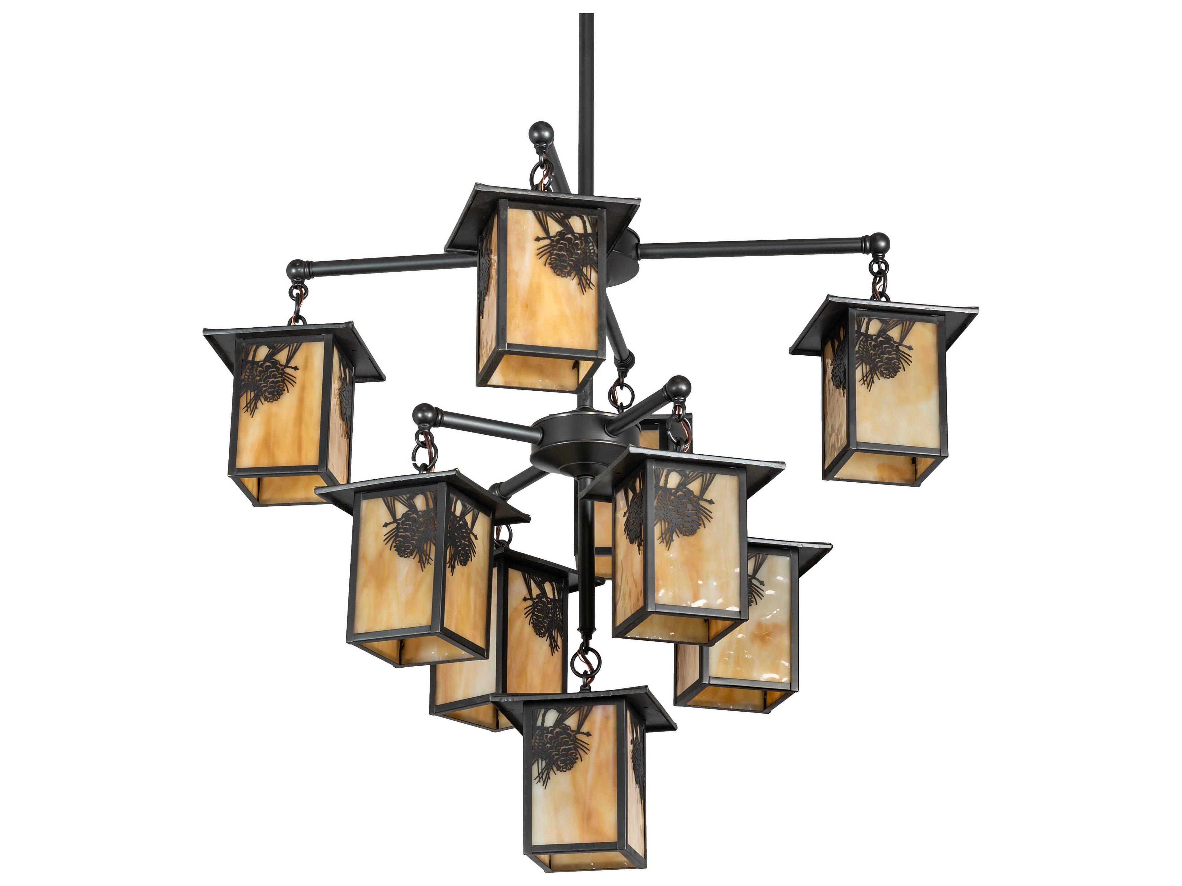 Meyda Seneca Winter Pine 9-Light Craftsman Brown Off White Glass Tiered Chandelier