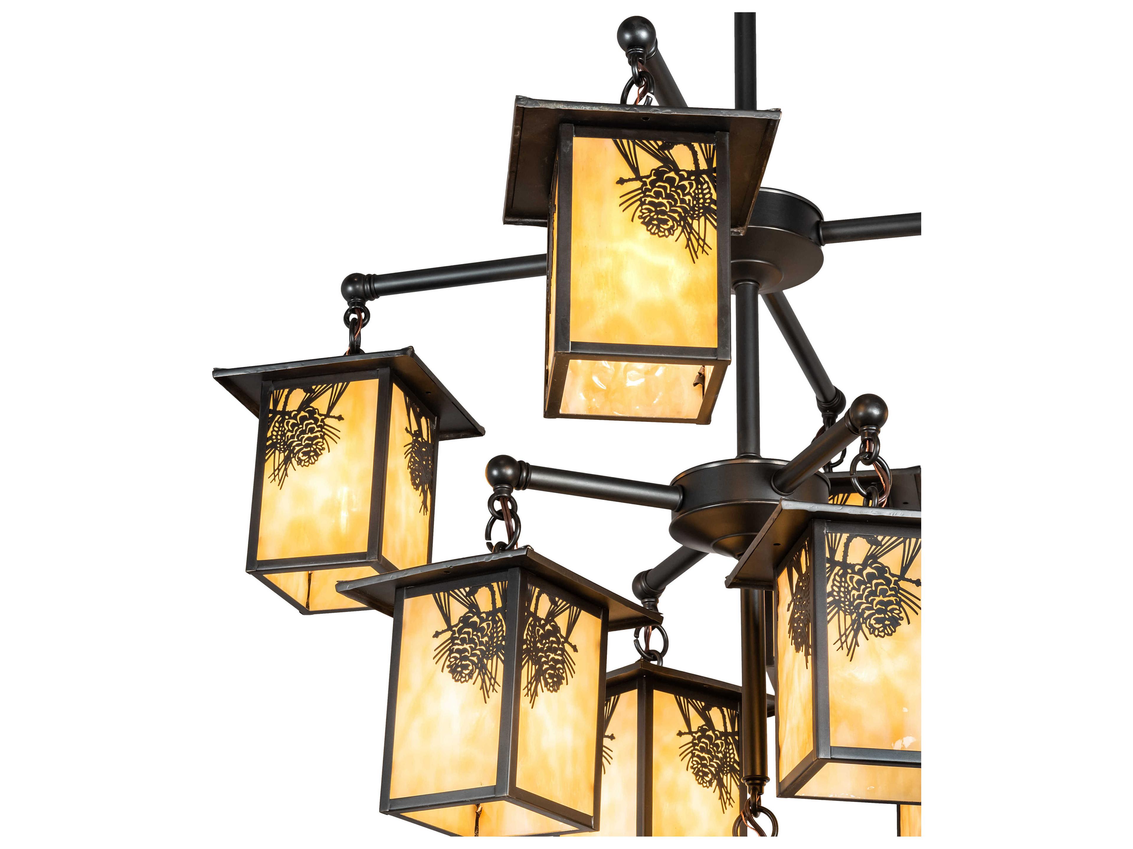 Meyda Seneca Winter Pine 9-Light Craftsman Brown Off White Glass Tiered Chandelier