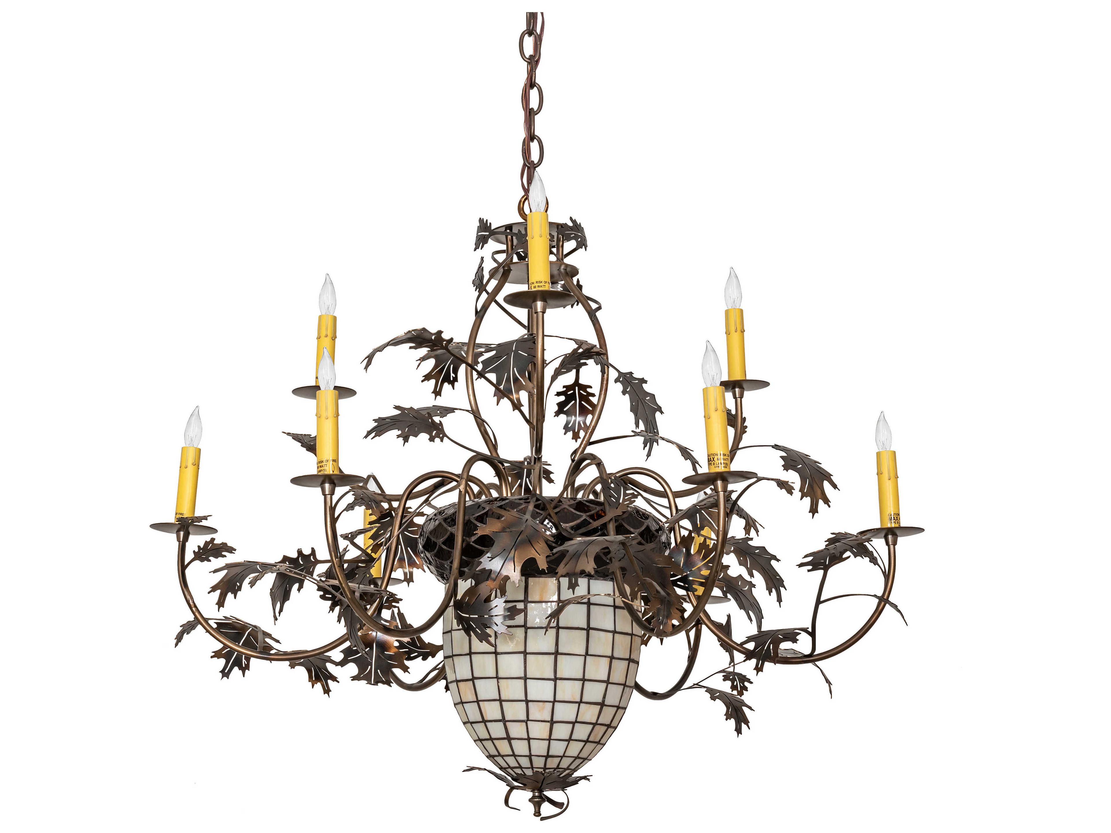 Meyda Greenbriar Oak 11-Light Antique Copper Brown Glass Bell Candelabra Chandelier