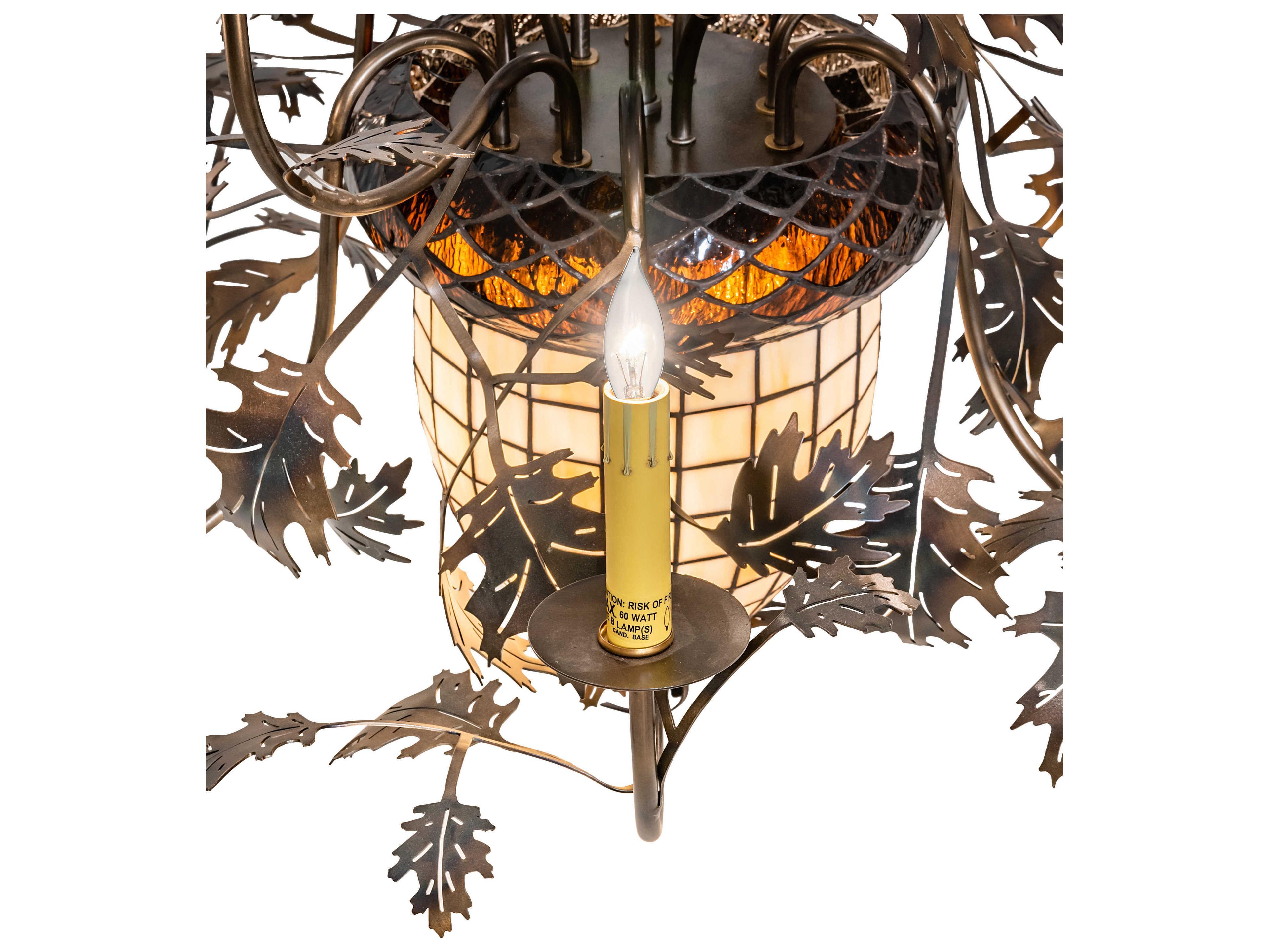 Meyda Greenbriar Oak 11-Light Antique Copper Brown Glass Bell Candelabra Chandelier