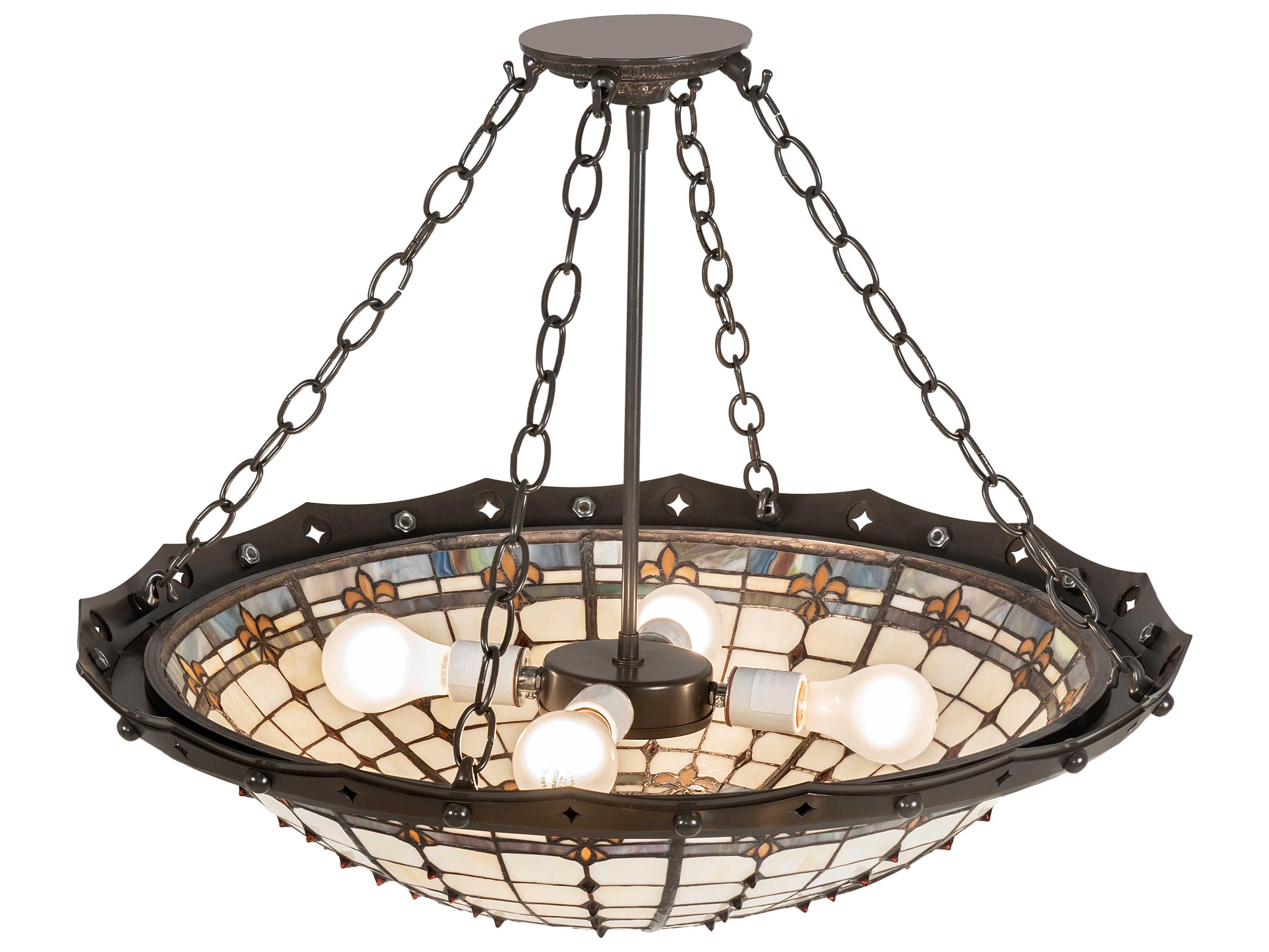 Meyda Fleur-de-lite 4-Light Antique Copper Glass Tiffany Bowl Semi Flush Mount