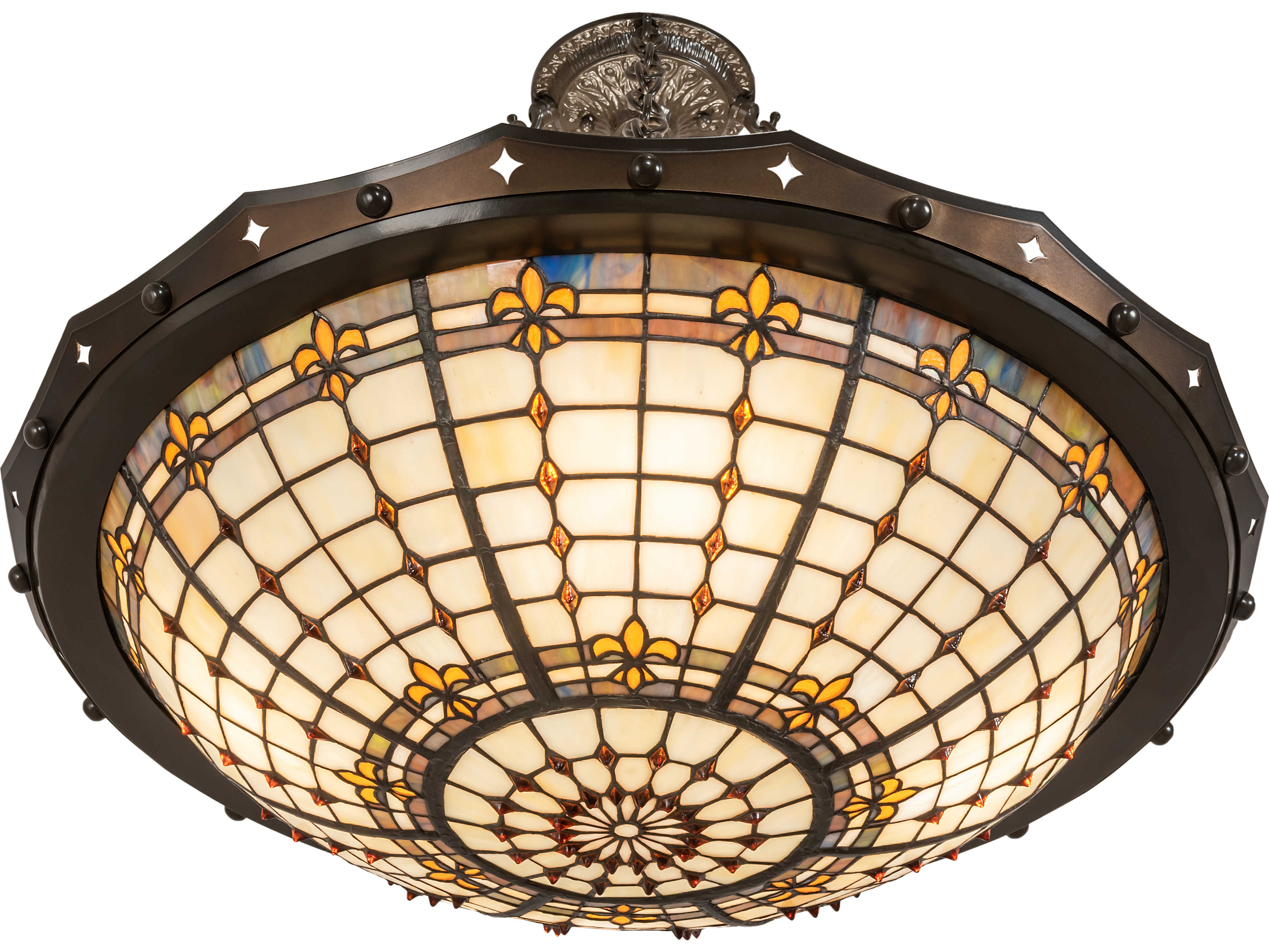 Meyda Fleur-de-lite 4-Light Antique Copper Glass Tiffany Bowl Semi Flush Mount