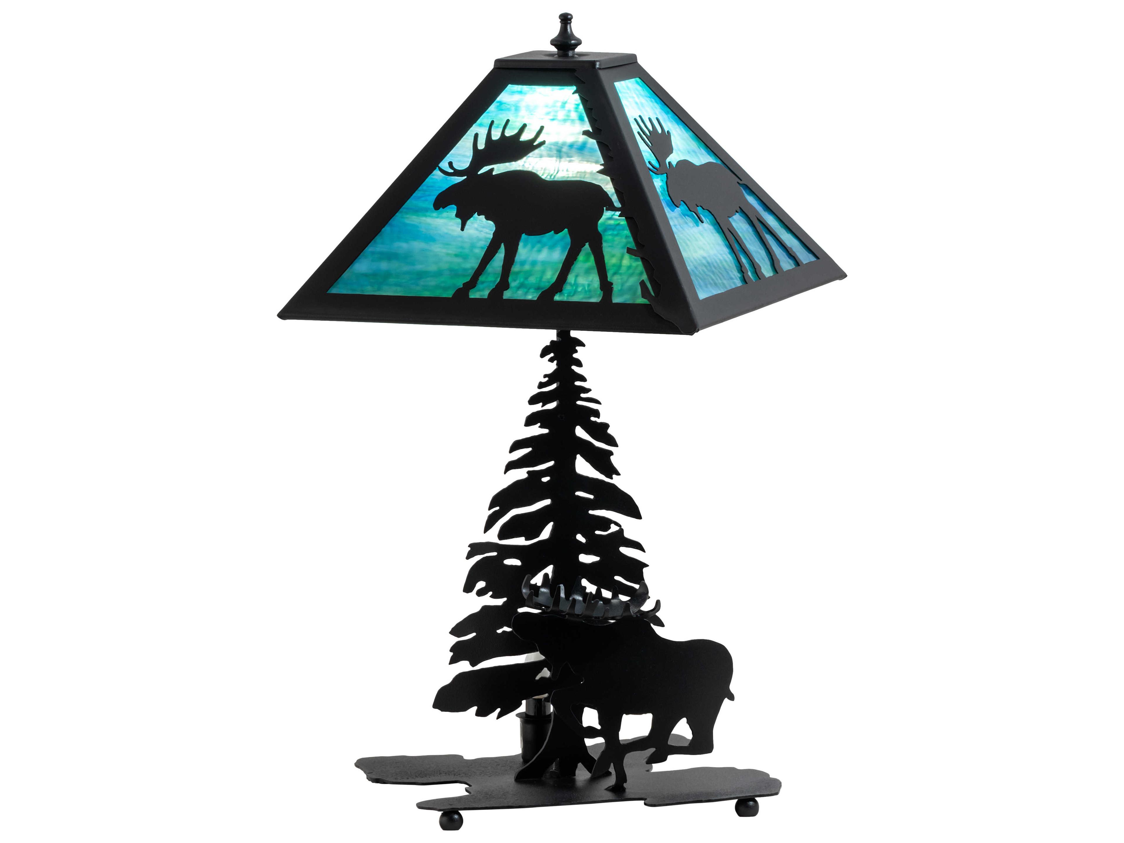 Meyda Lone Moose Rustic Lodge Textured Black Table Lamp with Blue Green Water Glass Shade