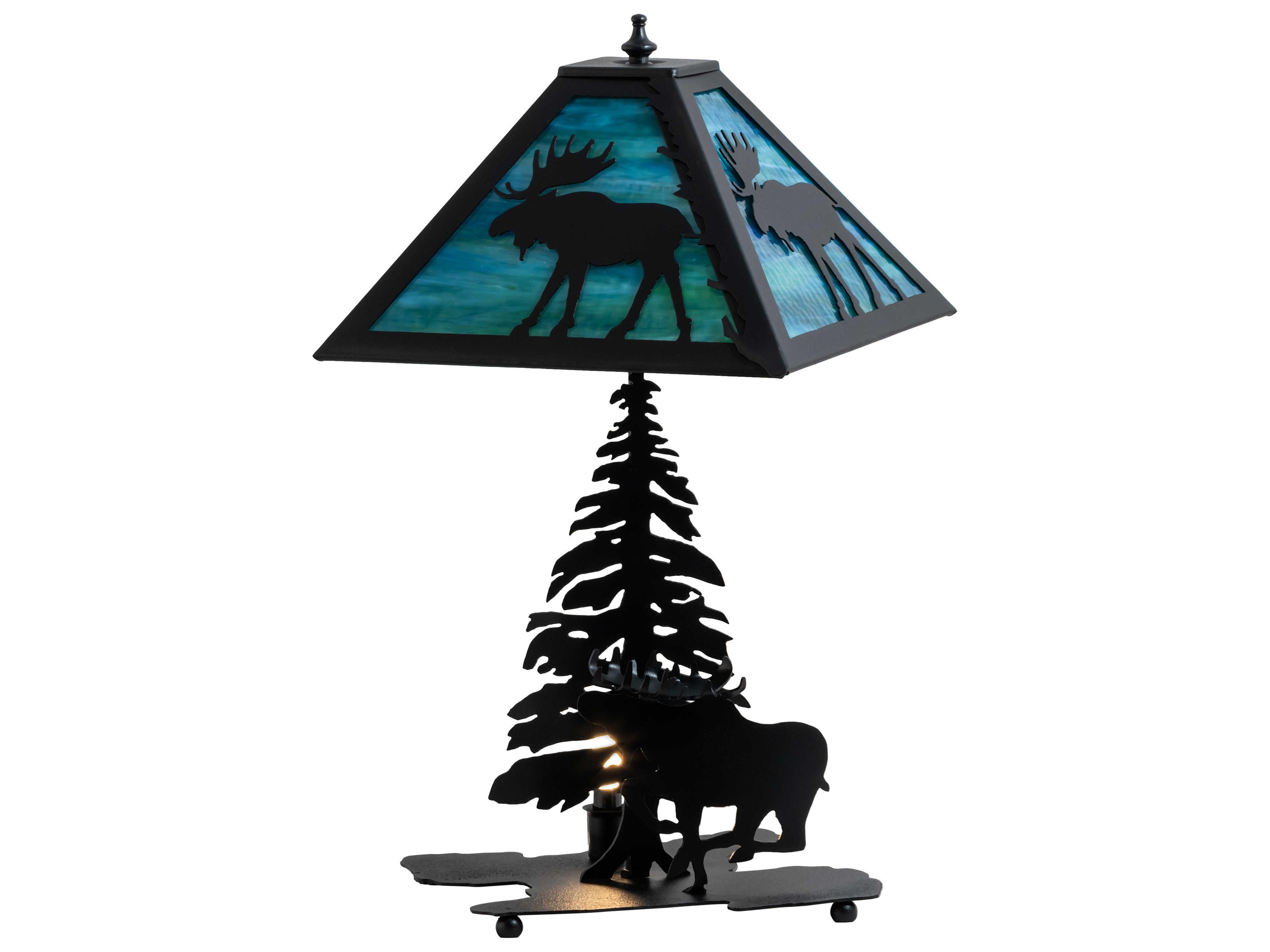 Meyda Lone Moose Rustic Lodge Textured Black Table Lamp with Blue Green Water Glass Shade