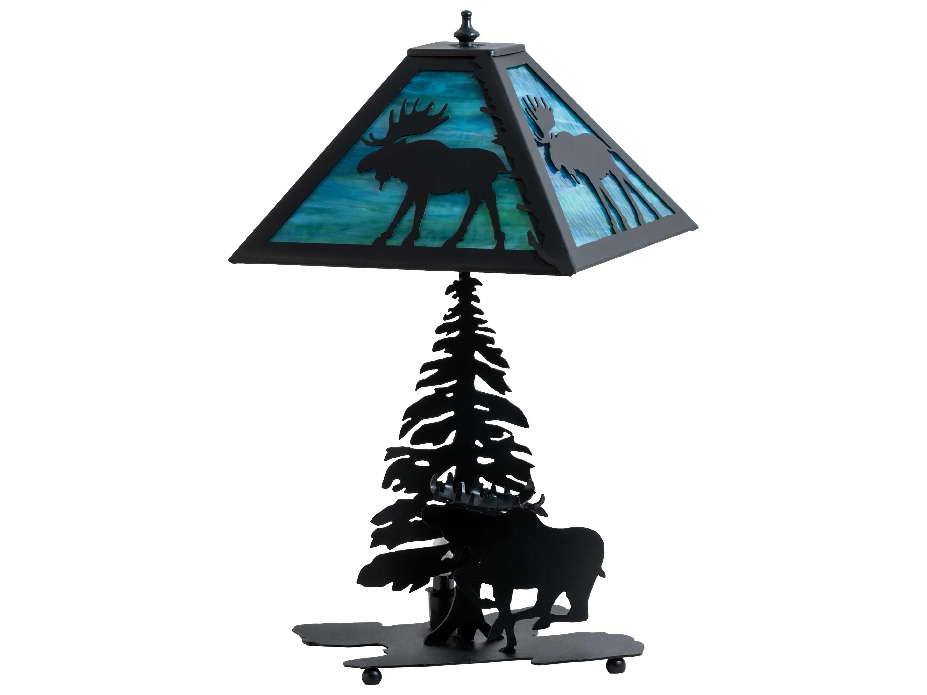 Meyda Lone Moose Rustic Lodge Textured Black Table Lamp with Blue Green Water Glass Shade