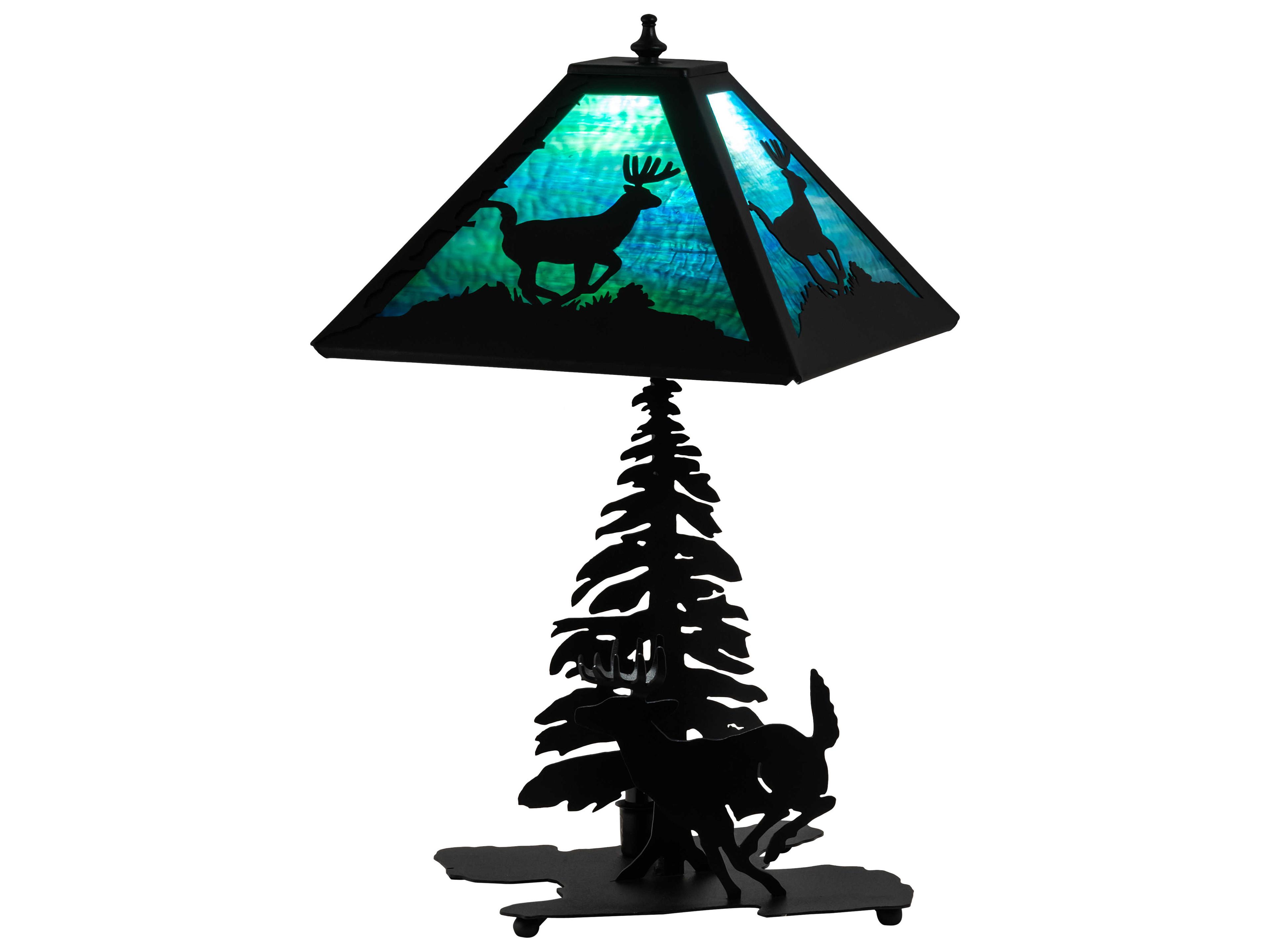 Meyda Lone Deer Rustic Lodge Textured Black Table Lamp with Blue Green Water Glass Shade