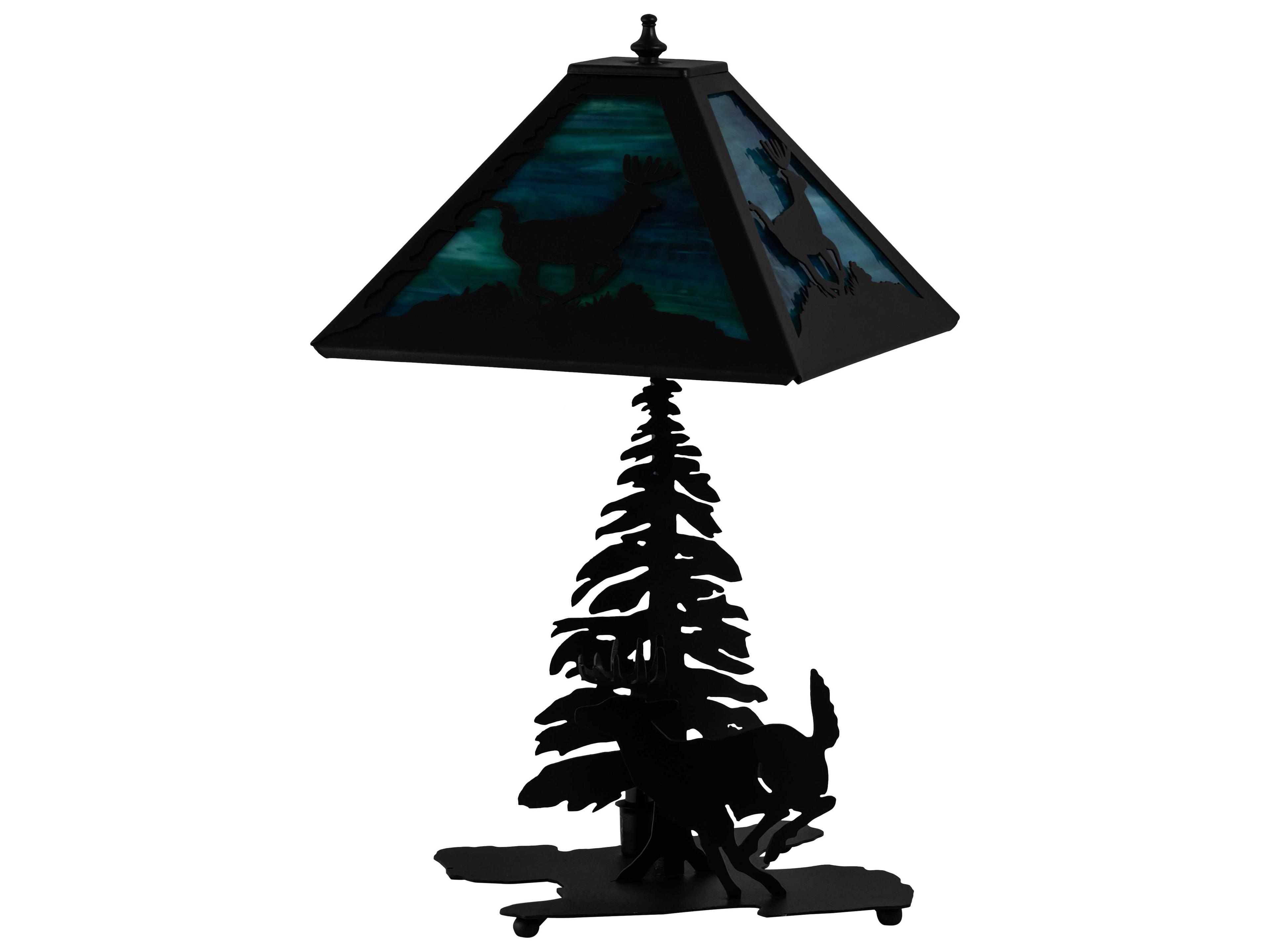 Meyda Lone Deer Rustic Lodge Textured Black Table Lamp with Blue Green Water Glass Shade