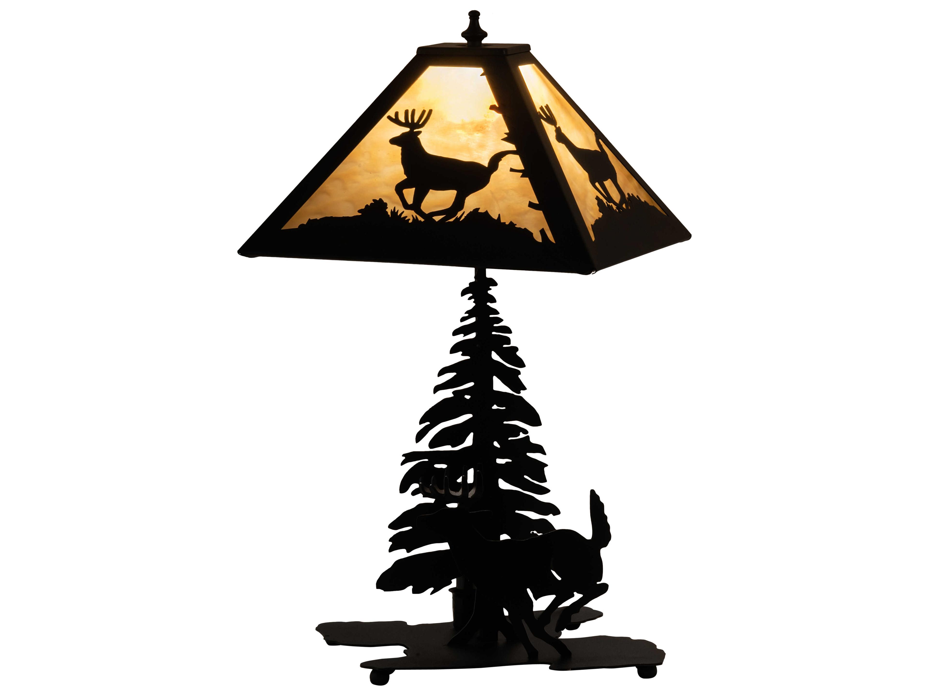 Meyda Lone Deer Rustic Lodge Textured Black Table Lamp with Beige Glass Shade