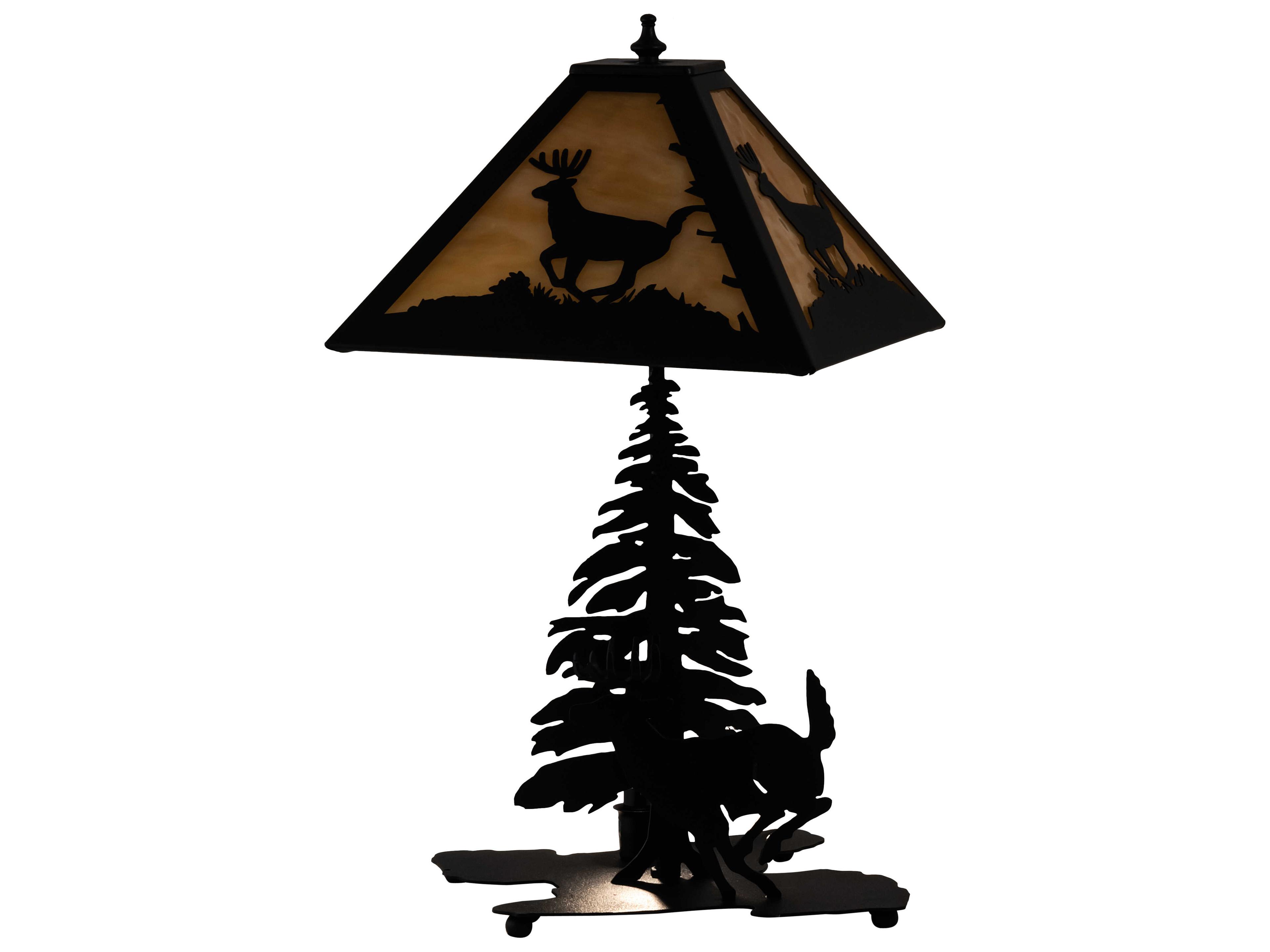 Meyda Lone Deer Rustic Lodge Textured Black Table Lamp with Beige Glass Shade