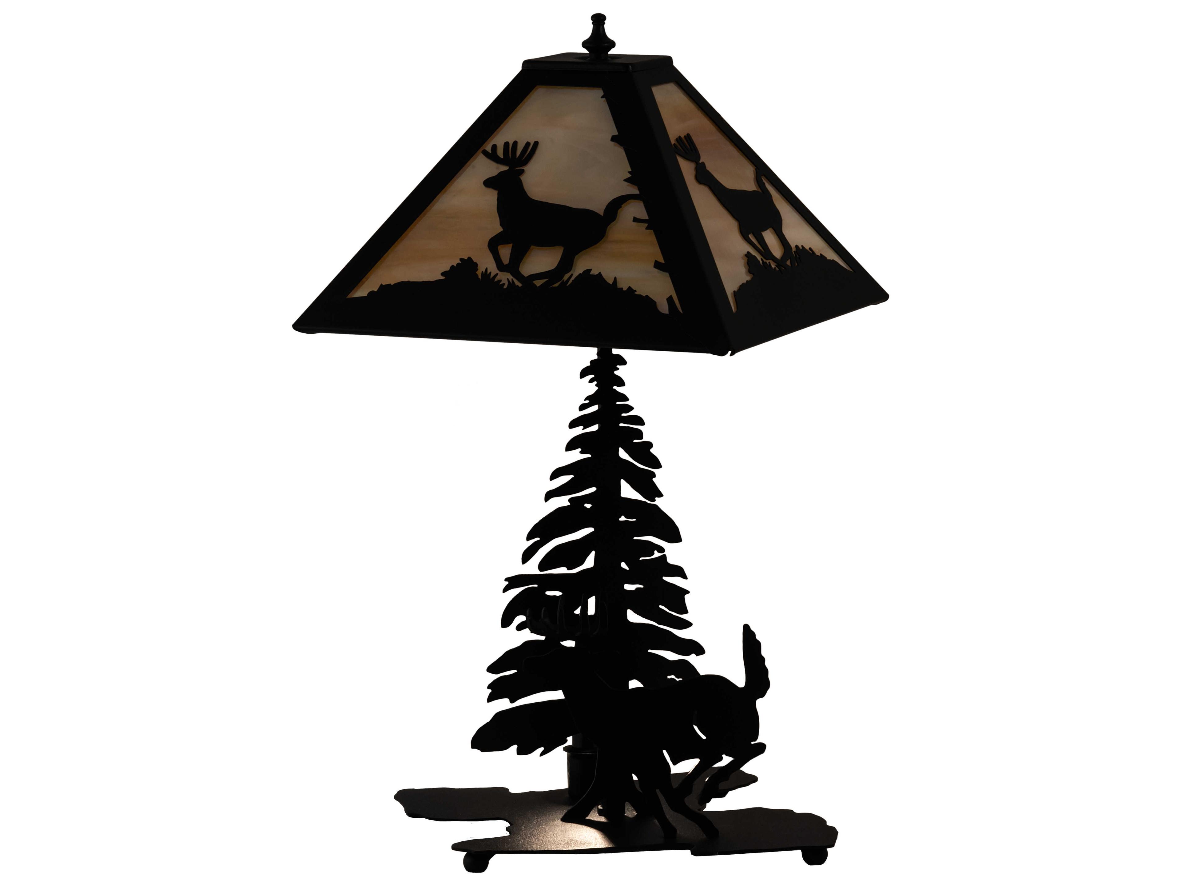 Meyda Lone Deer Rustic Lodge Textured Black Table Lamp with Beige Iridescent Glass Shade