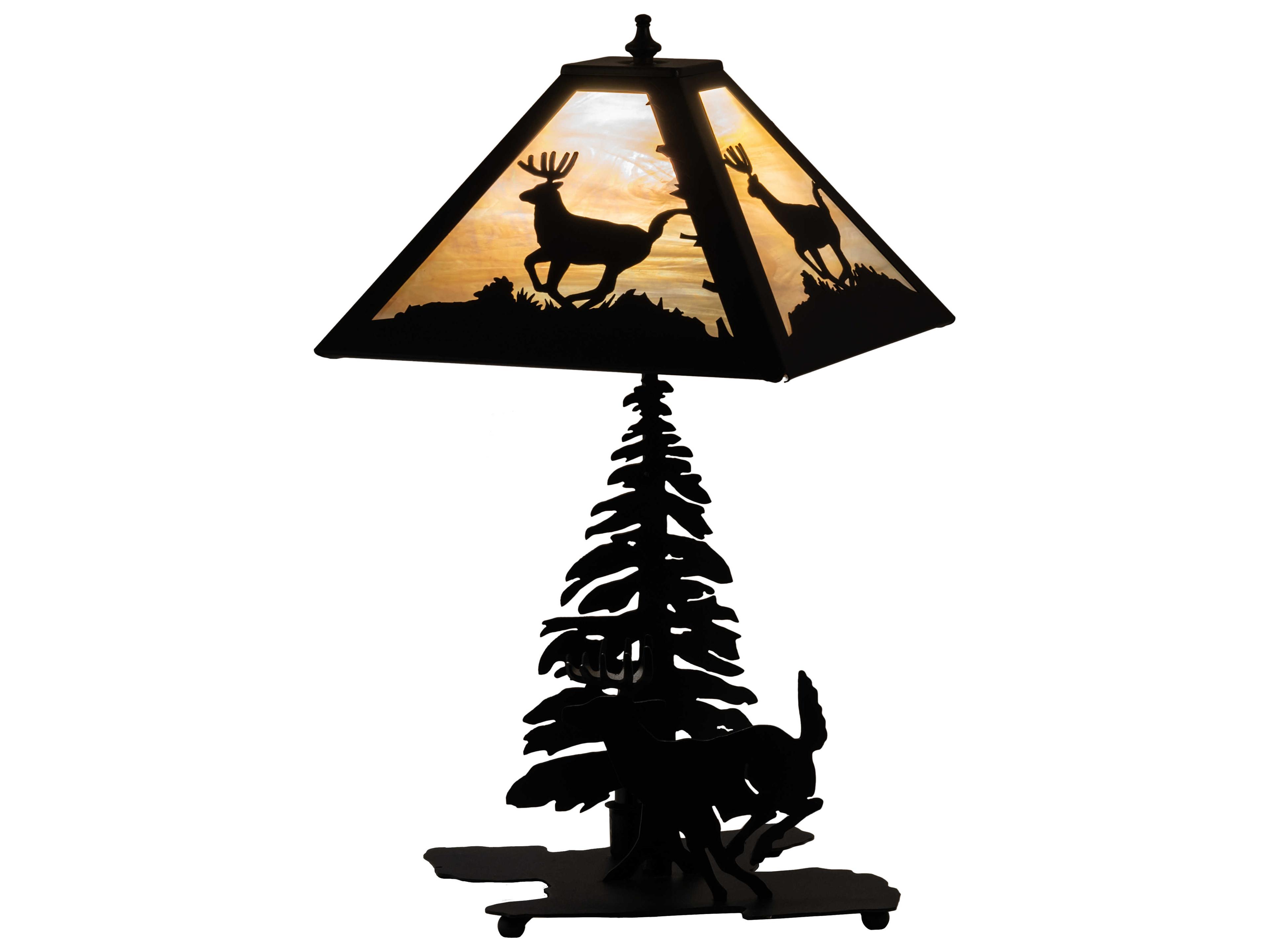 Meyda Lone Deer Rustic Lodge Textured Black Table Lamp with Beige Iridescent Glass Shade