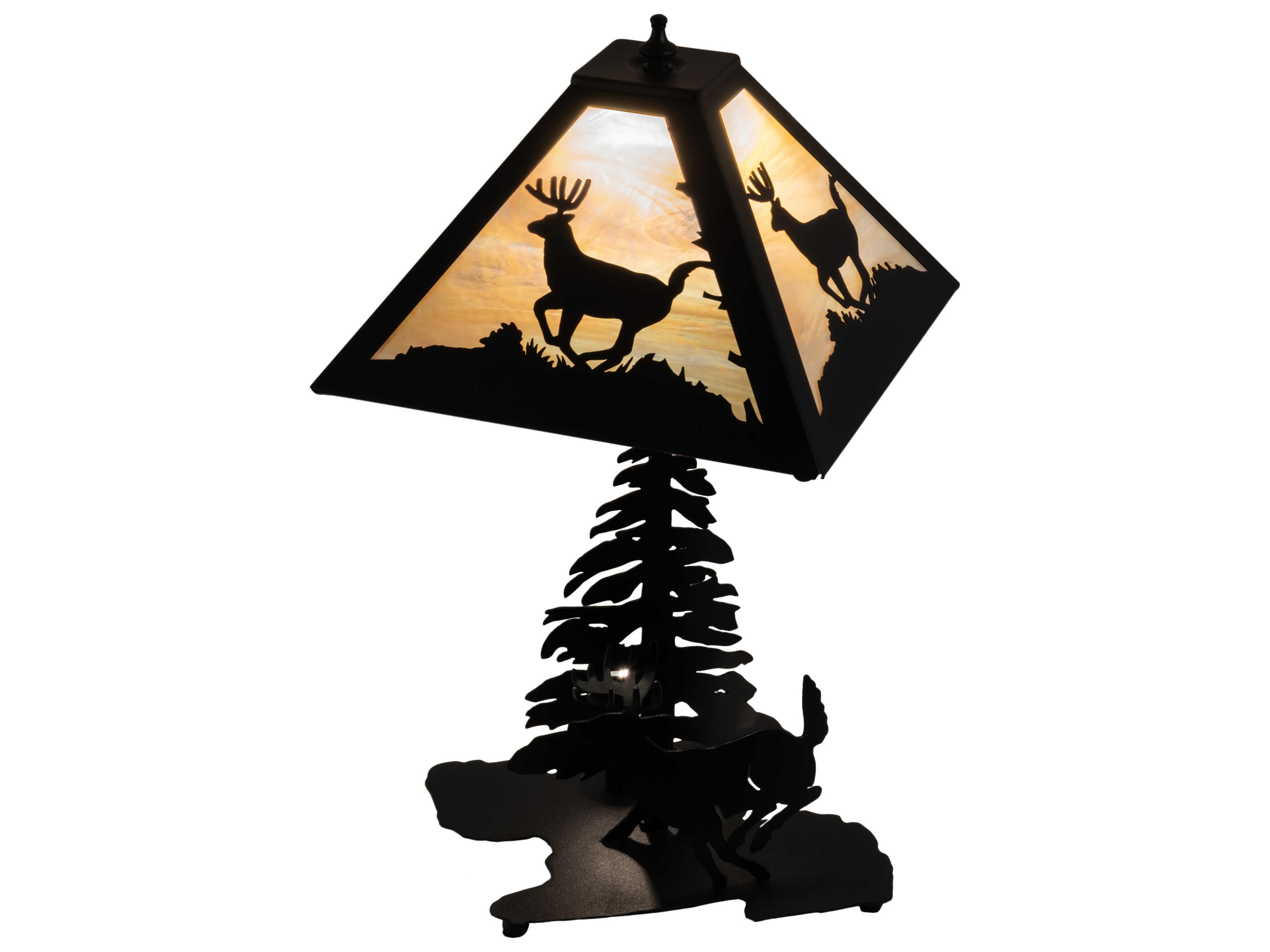 Meyda Lone Deer Rustic Lodge Textured Black Table Lamp with Beige Iridescent Glass Shade